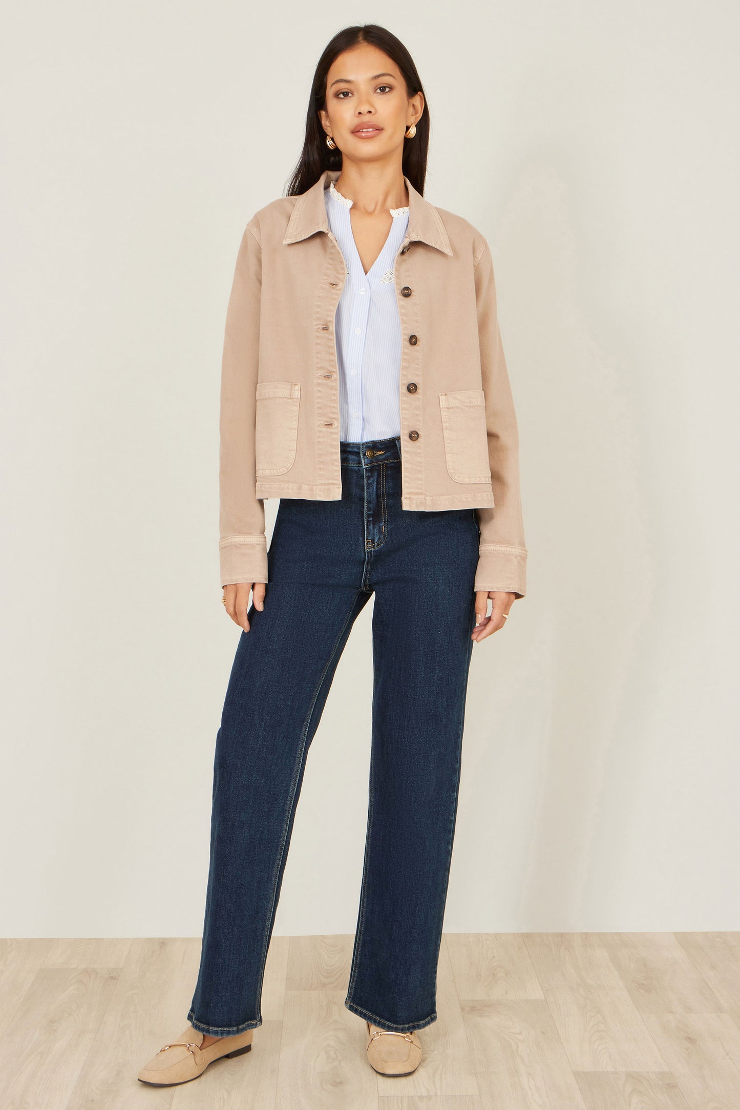 Yumi Beige Canvas Jacket With Patch Pockets Outerwear Yumi