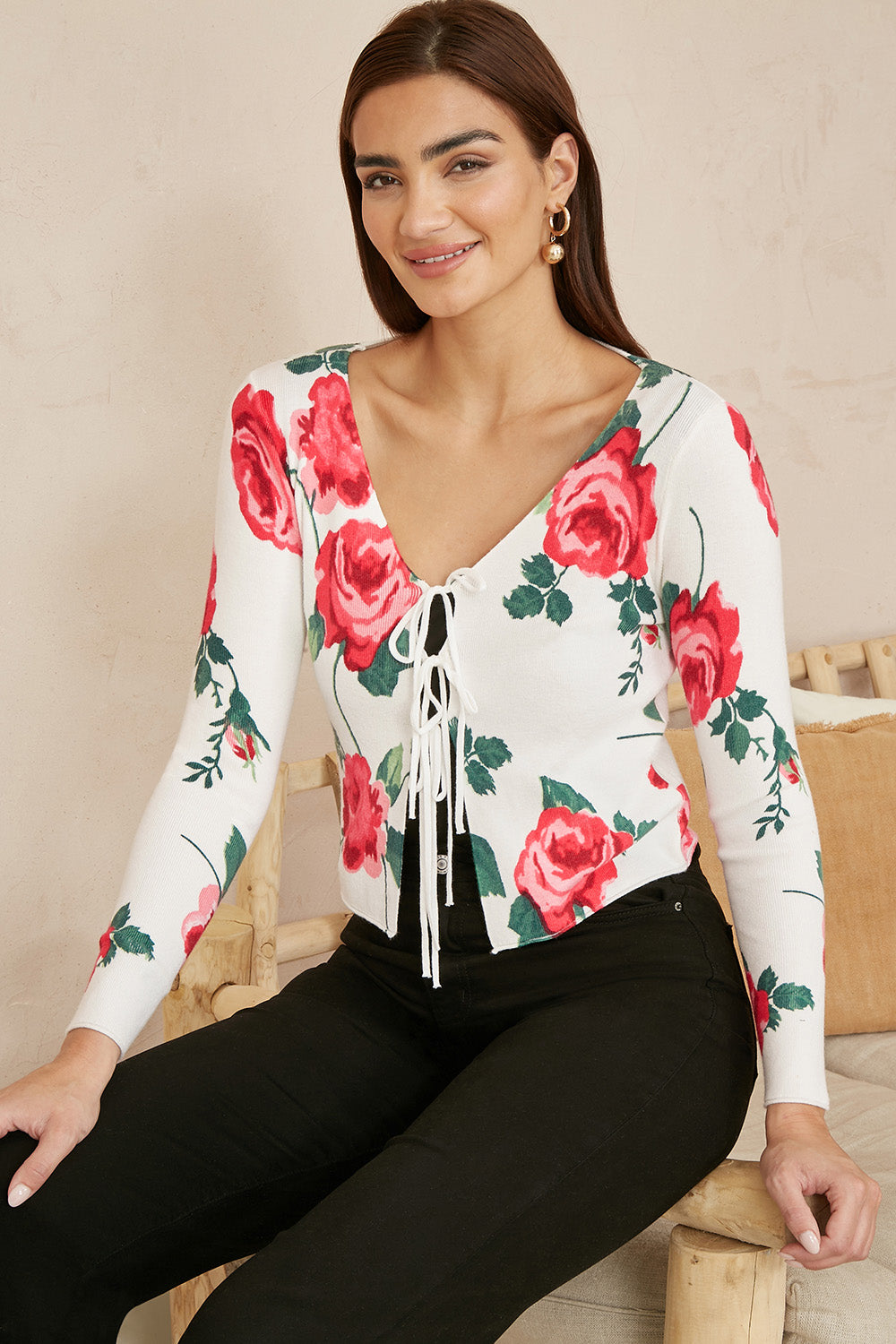 Rose Print Cardigan Tie Front