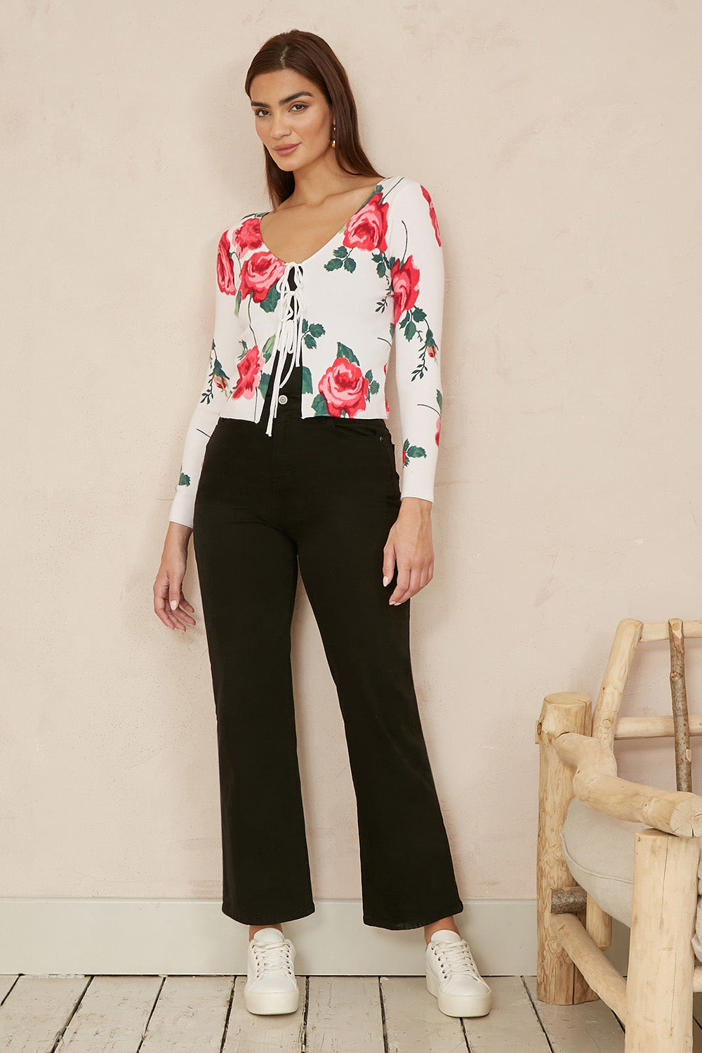 Yumi White Rose Print Cardigan With Tie Front | Yumi
