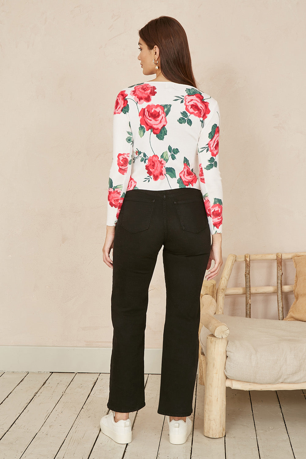 Yumi White Rose Print Cardigan With Tie Front | Yumi