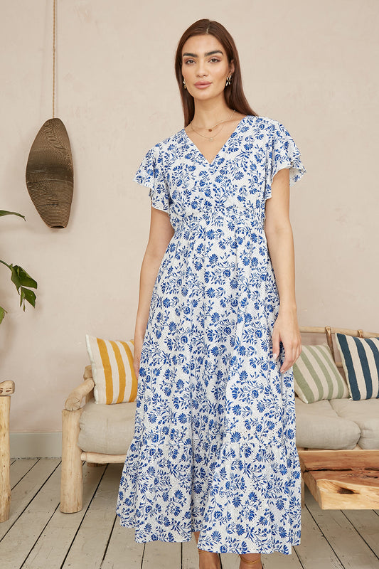 Yumi Blue Floral Printed Broderie Anglaise Ruched Waist Midi Dress DRES Day Yumi