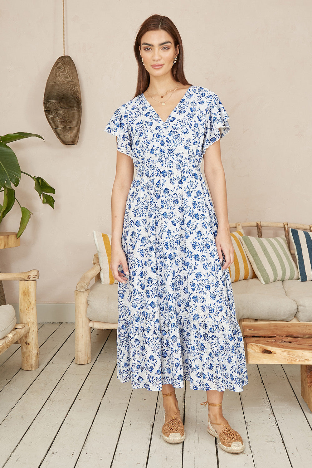 Yumi Blue Floral Printed Broderie Anglaise Ruched Waist Midi Dress DRES Day Yumi