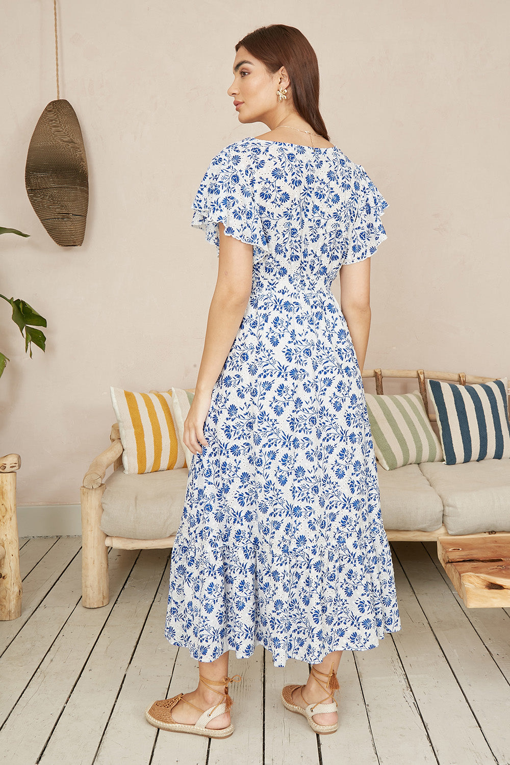 Yumi Blue Floral Printed Broderie Anglaise Ruched Waist Midi Dress DRES Day Yumi