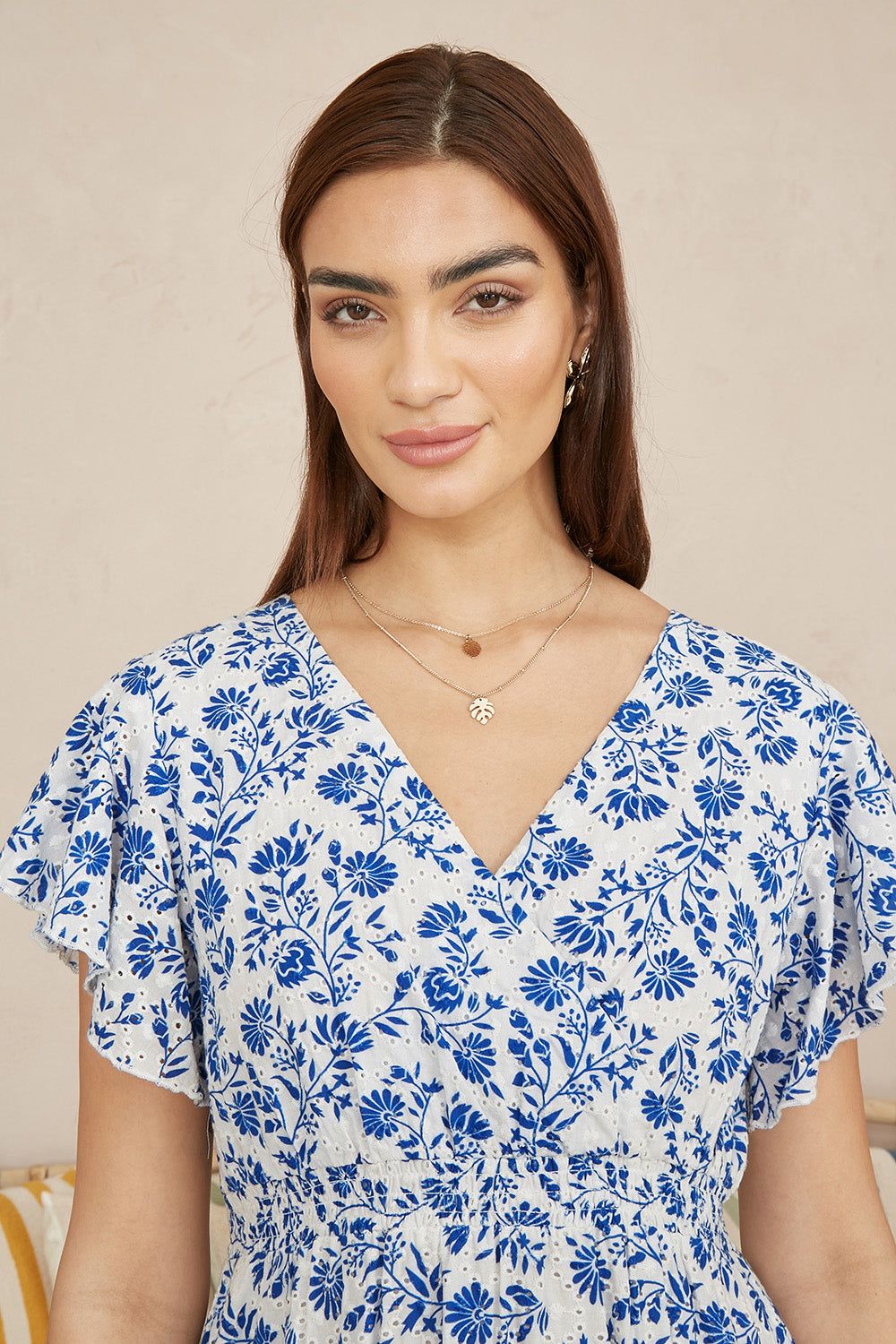 Yumi Blue Floral Printed Broderie Anglaise Ruched Waist Midi Dress DRES Day Yumi