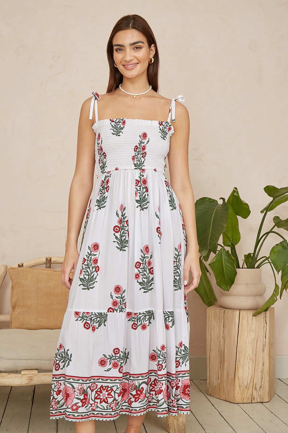 Yumi White Floral Printed Smocked Midi Dress Beachwear Yumi