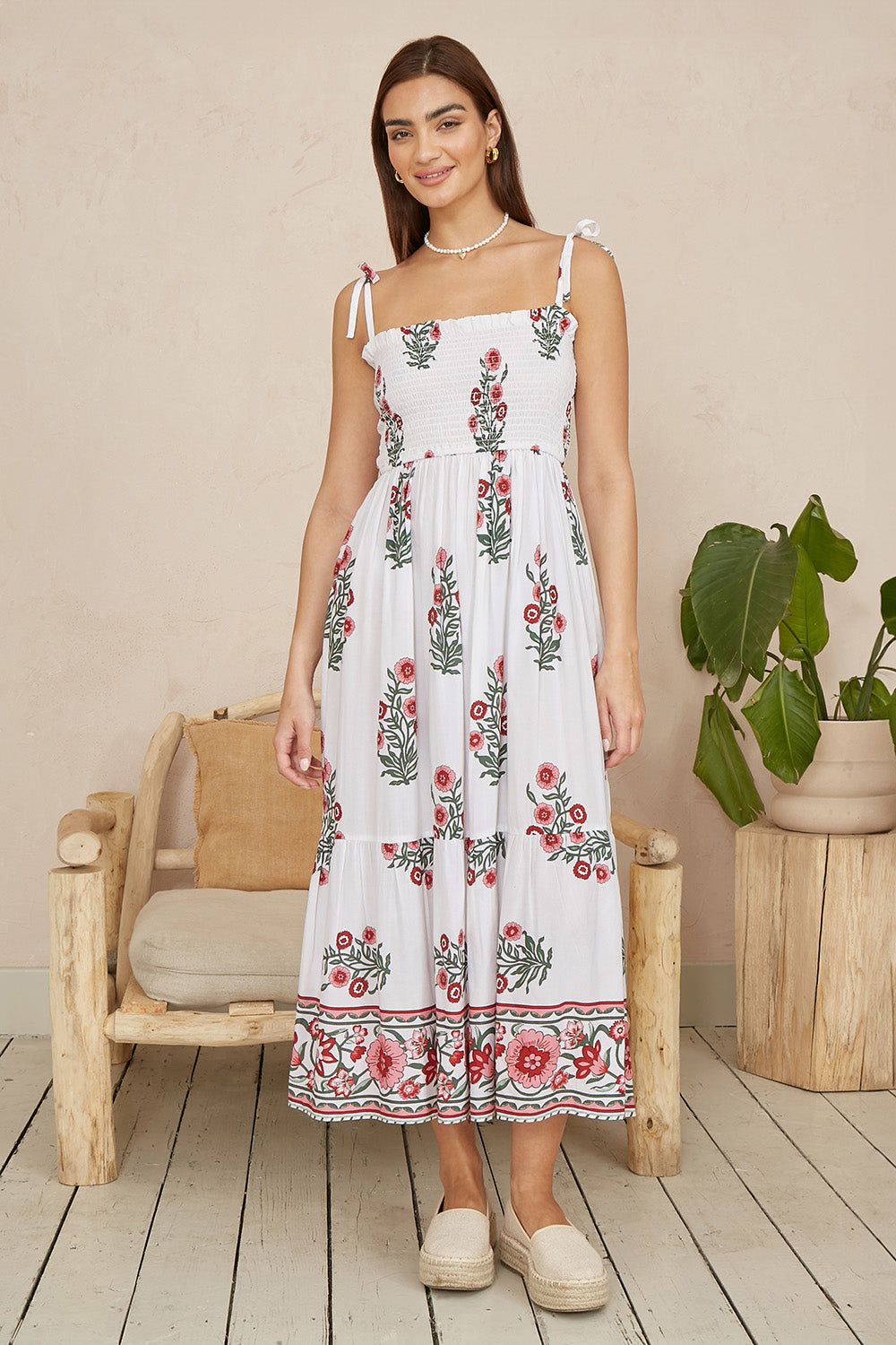 Yumi White Floral Printed Smocked Midi Dress Beachwear Yumi