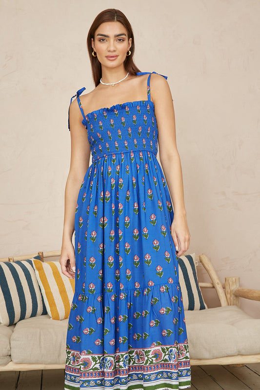 Yumi Blue Strappy Paisley Print Midi Dress With Ruched Bodice Beachwear Yumi