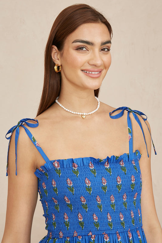 Yumi Blue Strappy Paisley Print Midi Dress With Ruched Bodice Beachwear Yumi