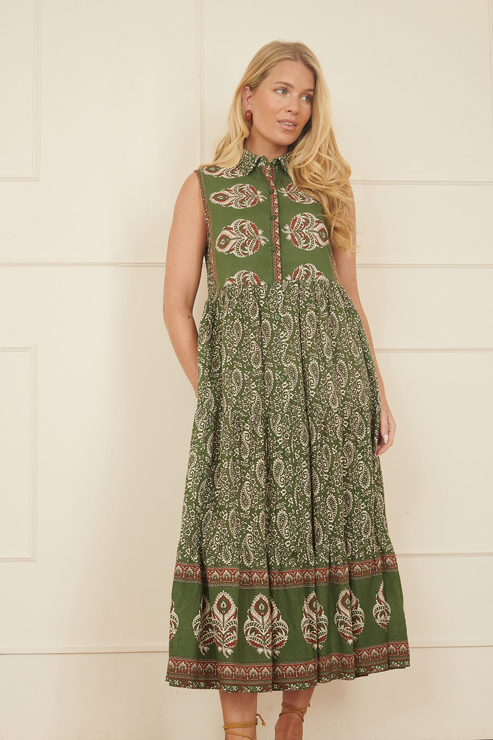Yumi Green Cotton Paisley Midi Sleeveless Shirt Dress DRES Day Yumi