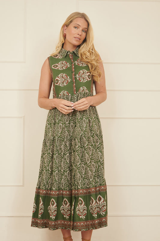 Yumi Green Cotton Paisley Midi Sleeveless Shirt Dress DRES Day Yumi