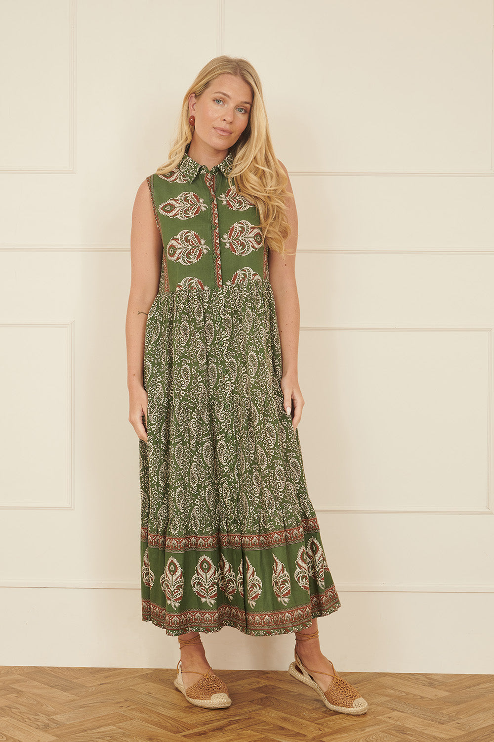 Yumi Green Cotton Paisley Midi Sleeveless Shirt Dress DRES Day Yumi