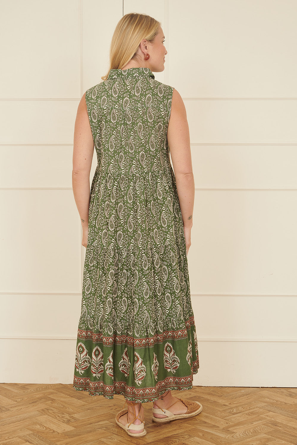 Yumi Green Cotton Paisley Midi Sleeveless Shirt Dress DRES Day Yumi