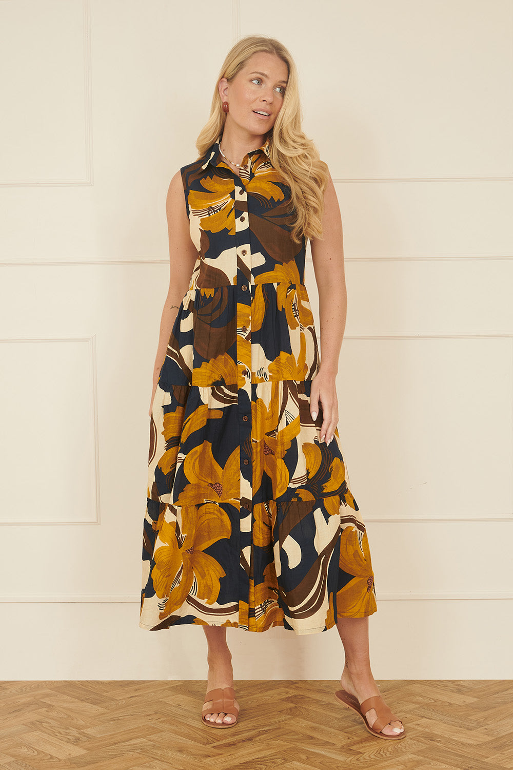 Yumi Navy Cotton Leaf Midi Sleeveless Shirt Dress DRES Day Yumi