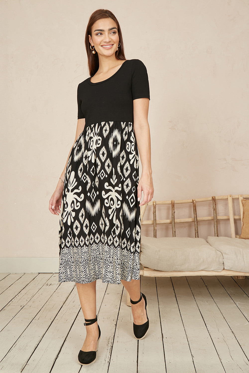 Jersey Stretch Top Ikat Skirt Midi Dress