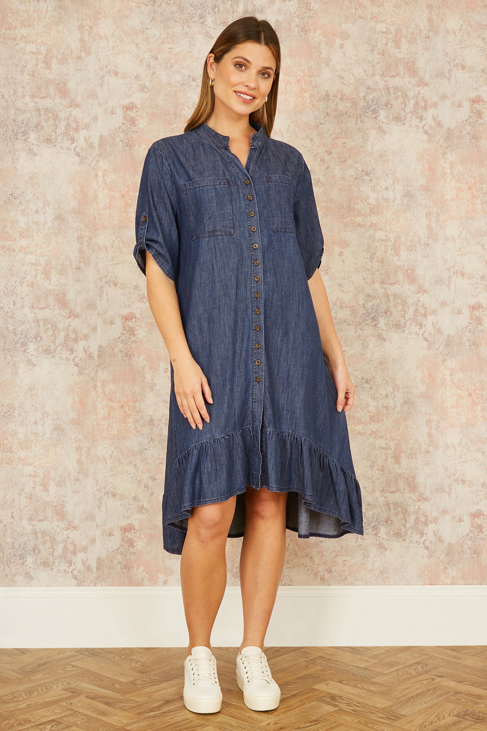 Yumi Blue Chambray Denim Dip Hem Relaxed Fit Shirt Dress Yumi