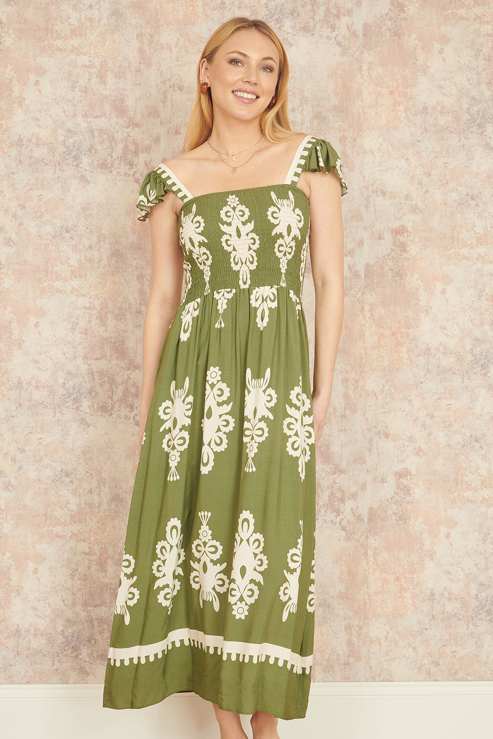 Yumi Green Block Print Ruched Maxi Dress Beachwear Yumi