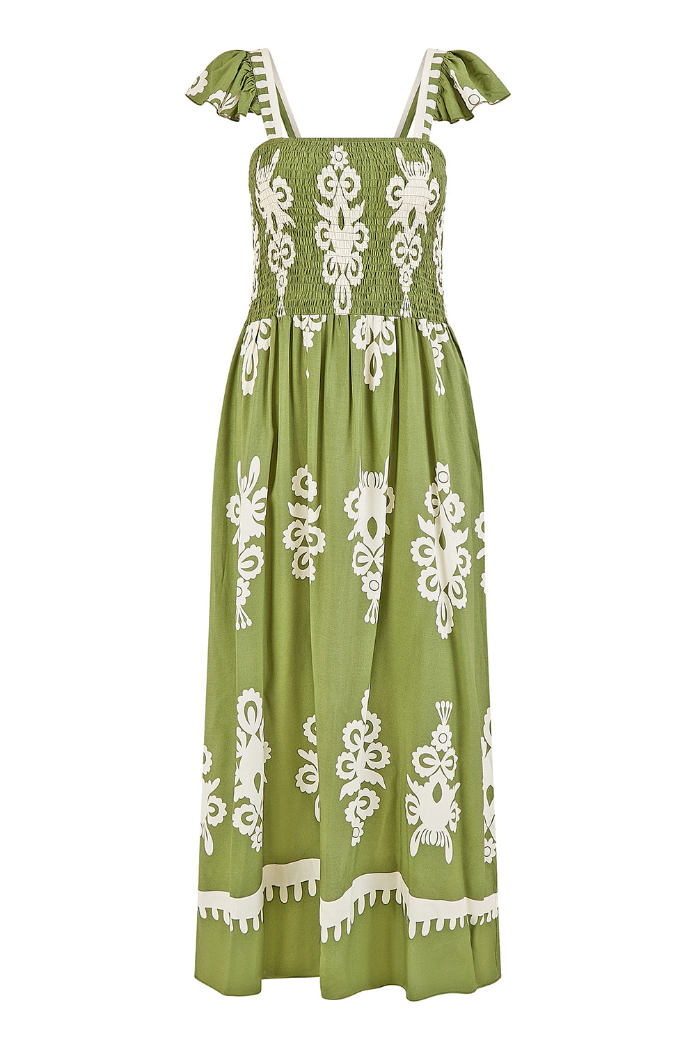 Yumi Green Block Print Ruched Maxi Dress Beachwear Yumi