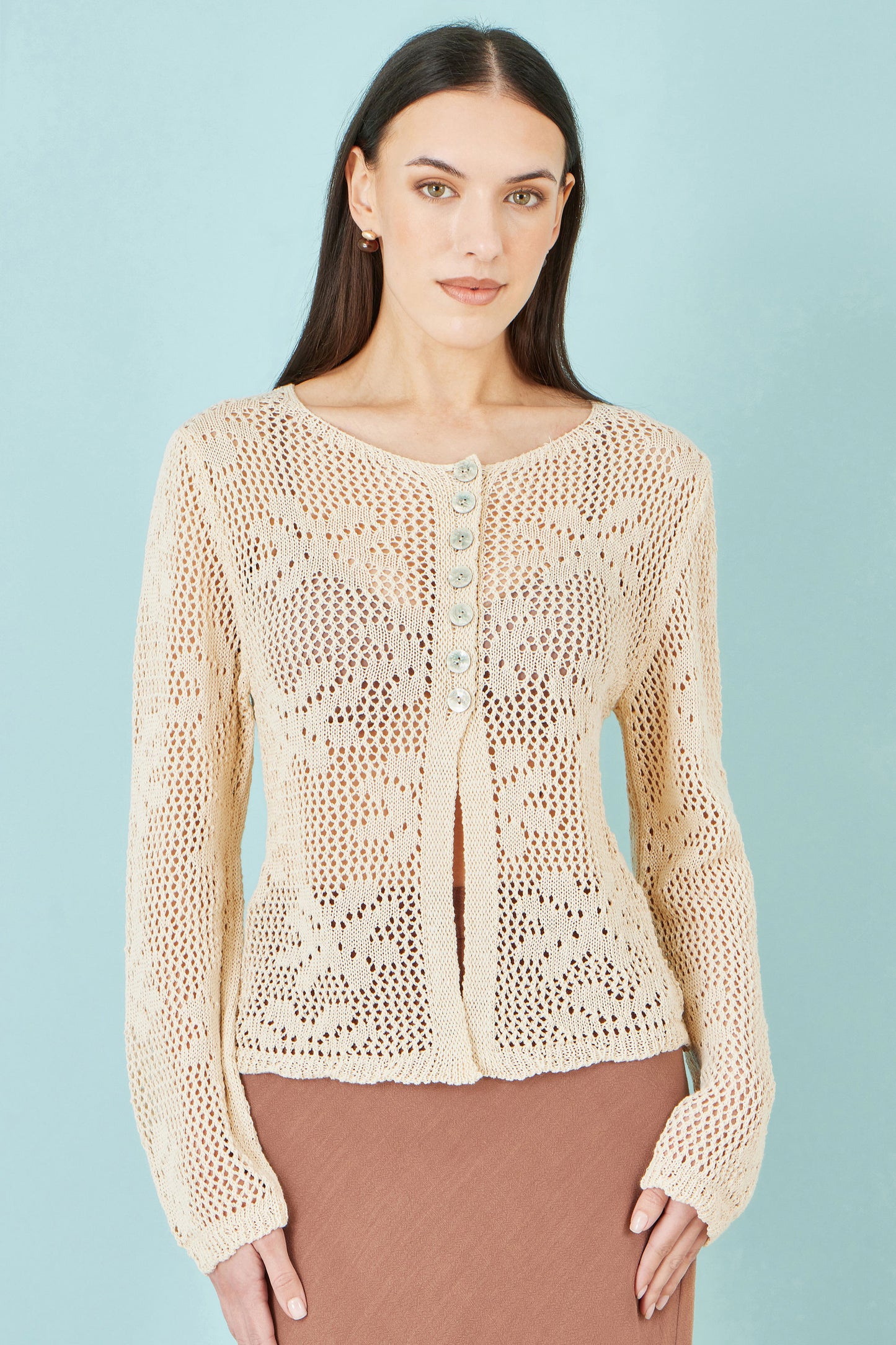 Yumi Beige Flower Crochet Button Up Cardigan Knit Cardigan Yumi
