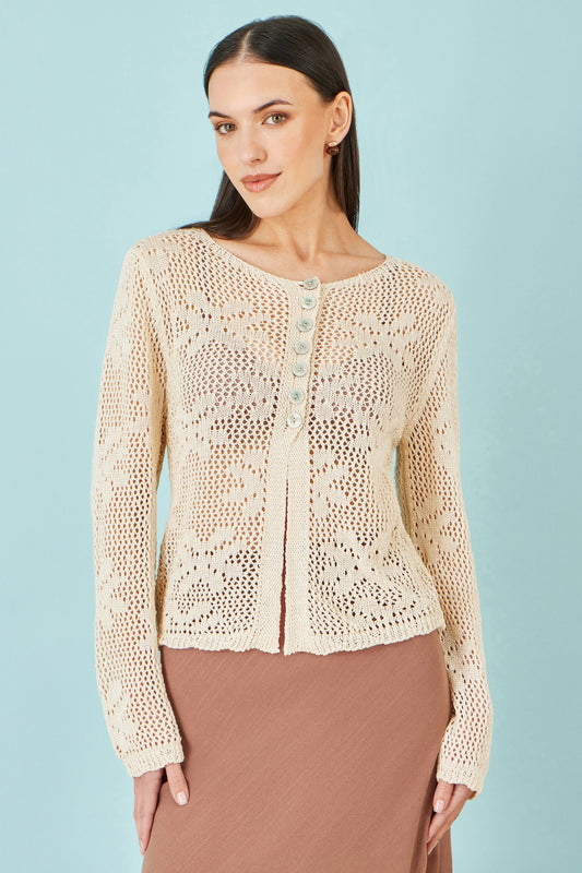 Yumi Beige Flower Crochet Button Up Cardigan Knit Cardigan Yumi