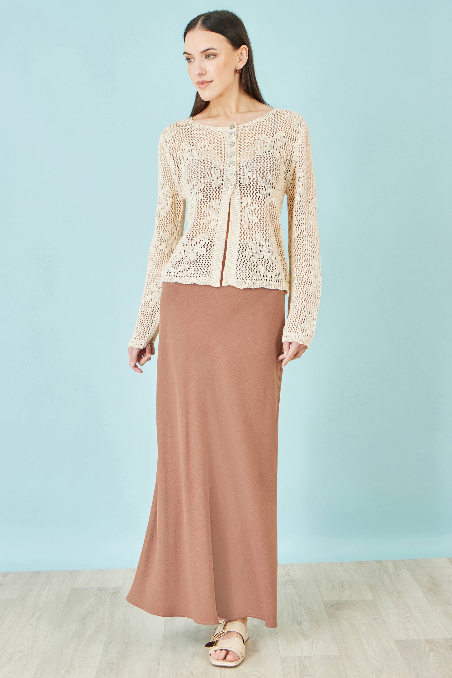 Yumi Beige Flower Crochet Button Up Cardigan Knit Cardigan Yumi