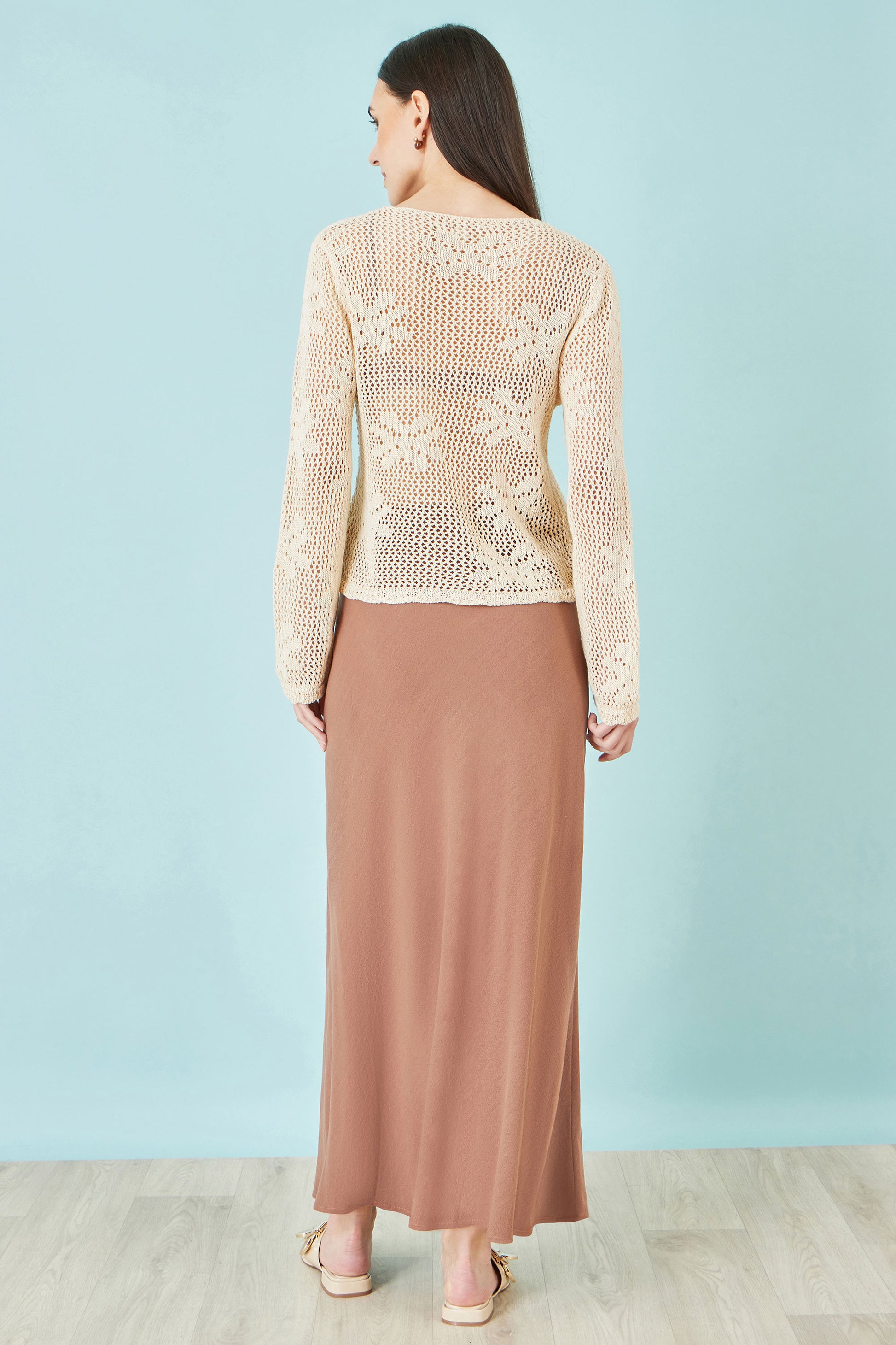 Yumi Beige Flower Crochet Button Up Cardigan Knit Cardigan Yumi