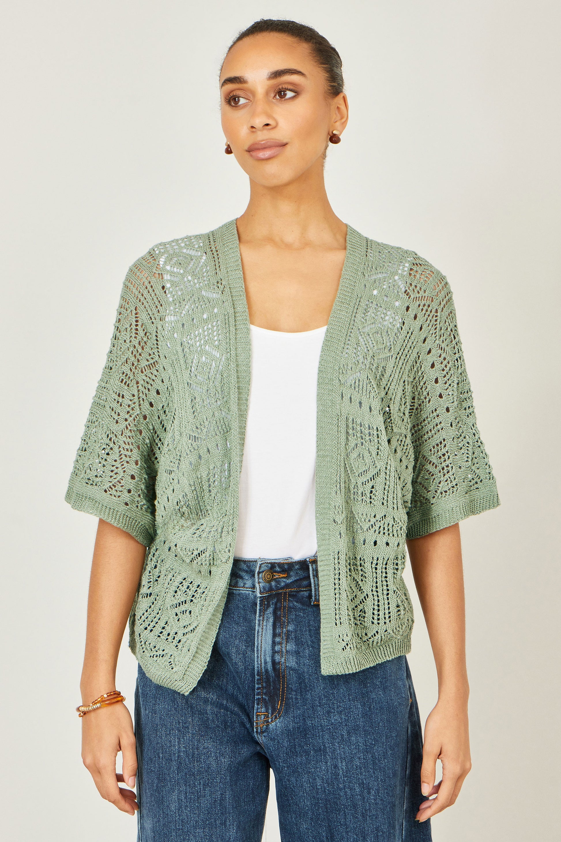 Yumi Green Crochet Edge To Edge 3/4 Sleeve Cardigan Knit Top Yumi