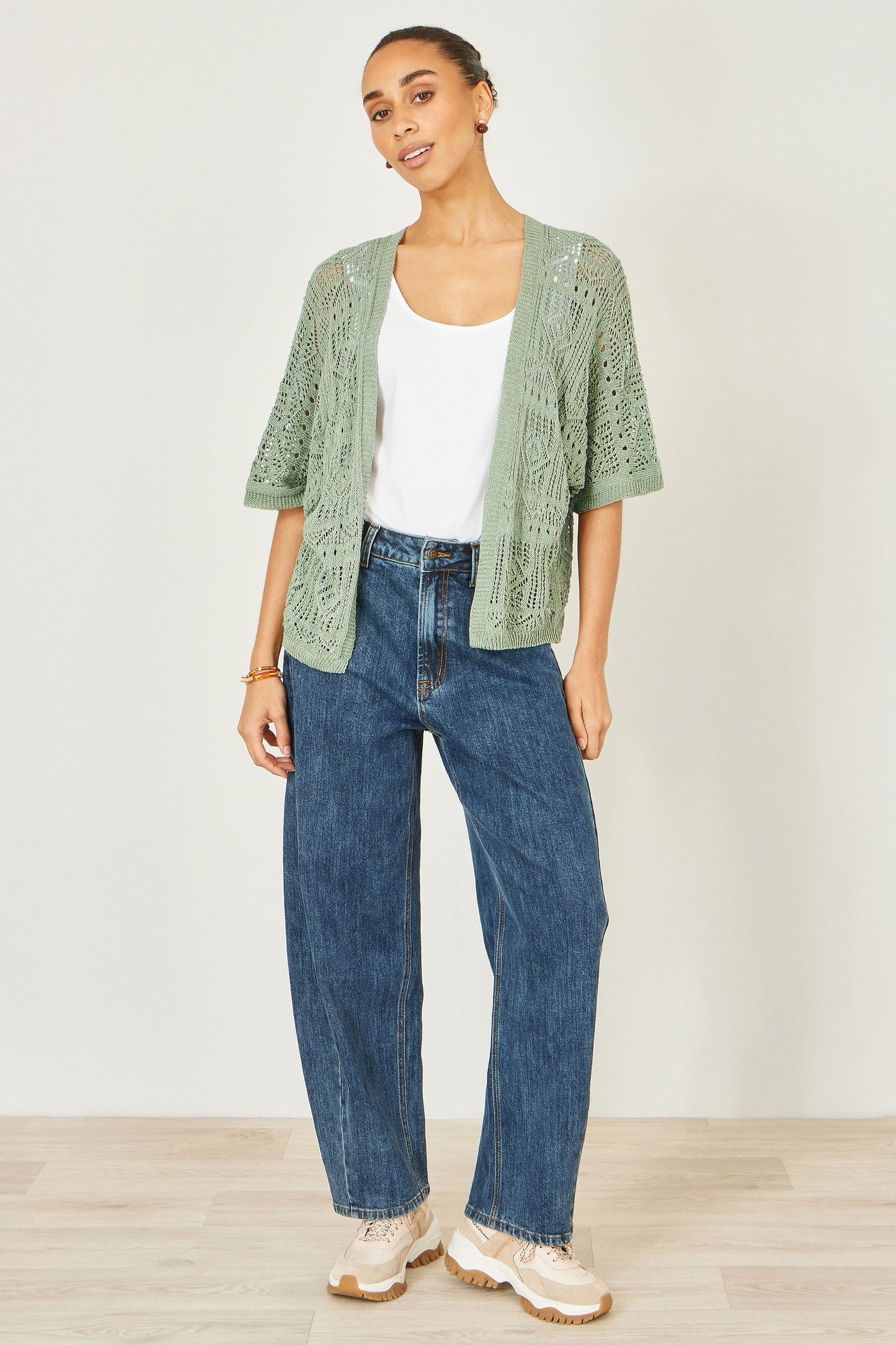Yumi Green Crochet Edge To Edge 3/4 Sleeve Cardigan Knit Top Yumi