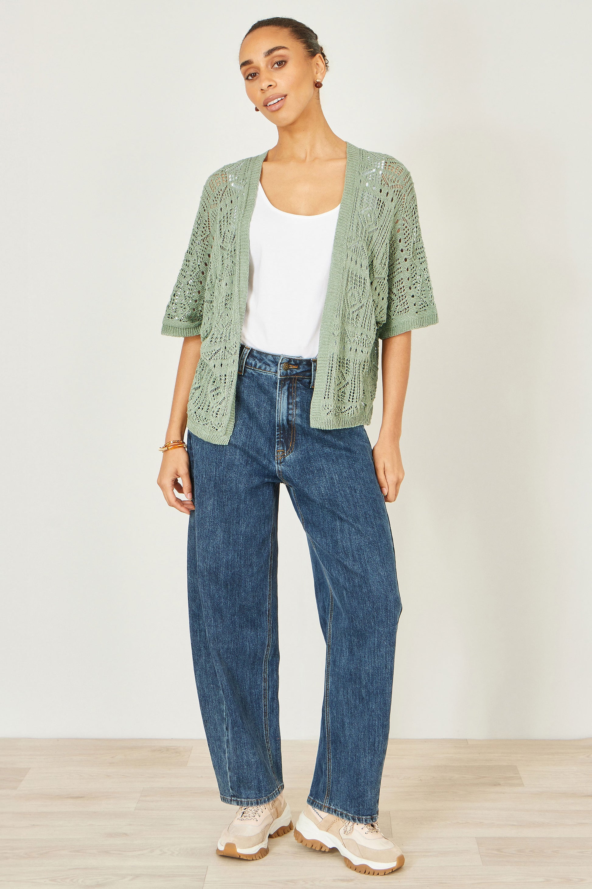 Yumi Green Crochet Edge To Edge 3/4 Sleeve Cardigan Knit Top Yumi
