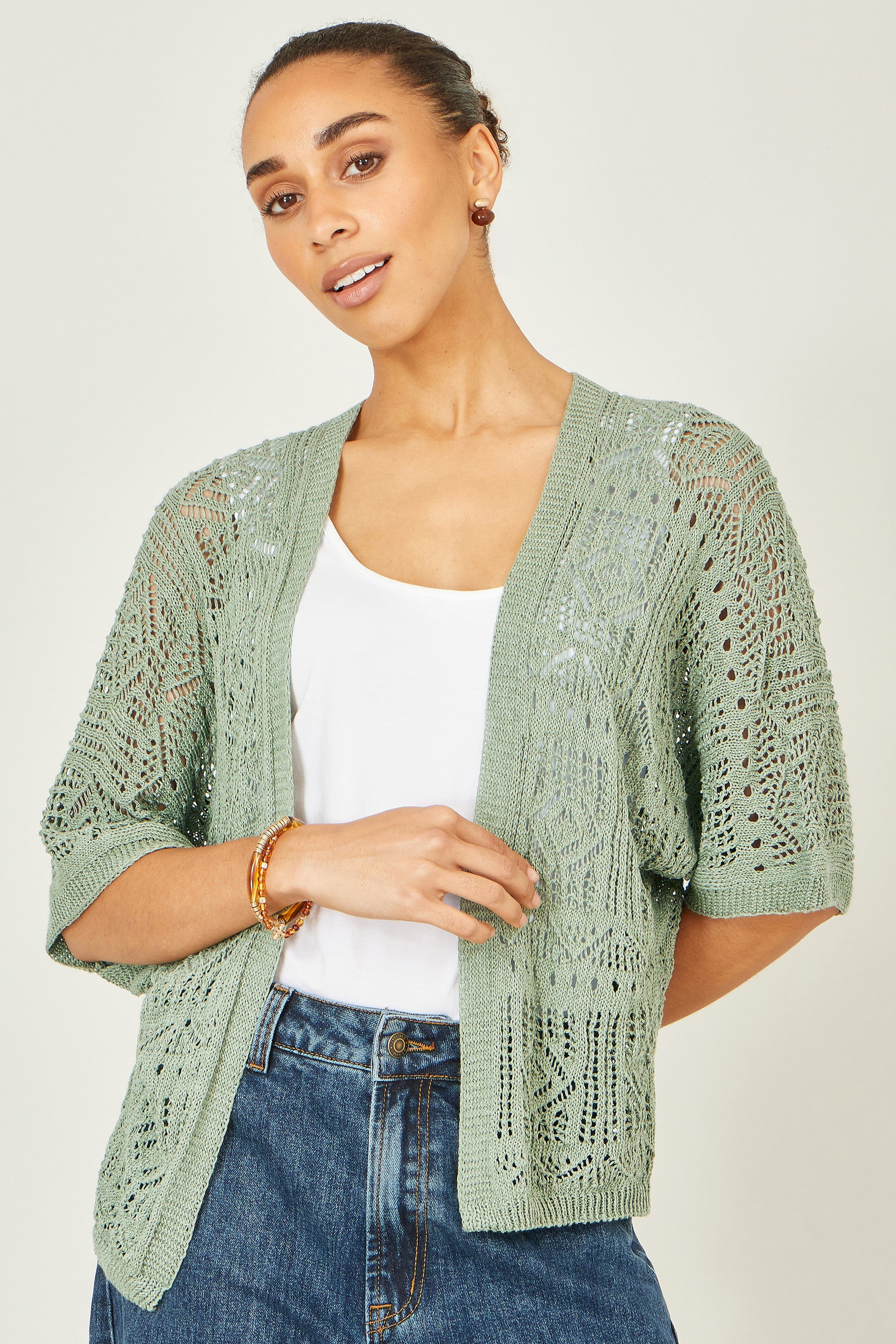Yumi Green Crochet Edge To Edge 3/4 Sleeve Cardigan Knit Top Yumi