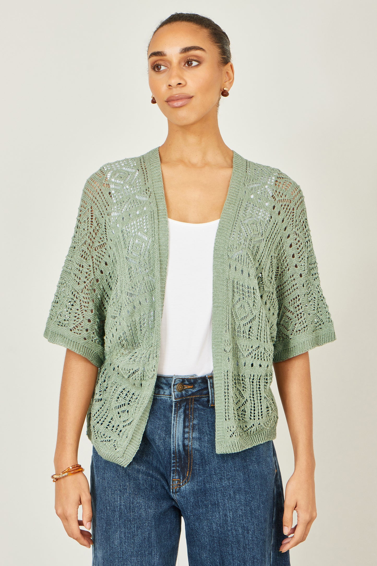 Yumi Green Crochet Edge To Edge 3/4 Sleeve Cardigan Knit Top Yumi