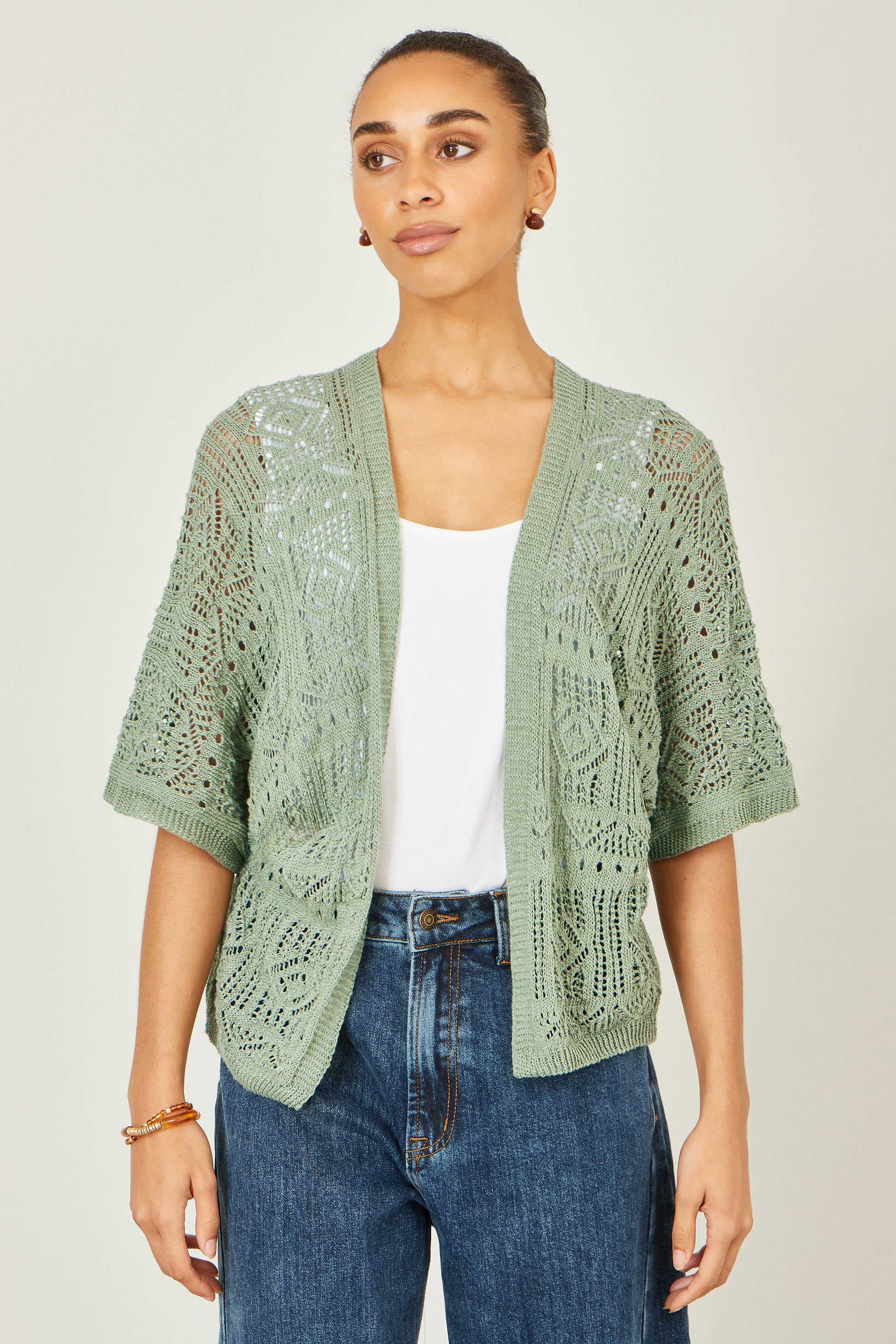 Yumi Green Crochet Edge To Edge 3/4 Sleeve Cardigan Knit Top Yumi