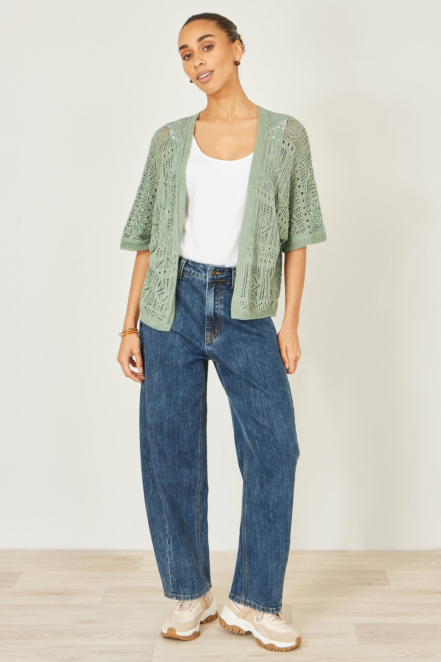 Yumi Green Crochet Edge To Edge 3/4 Sleeve Cardigan Knit Top Yumi