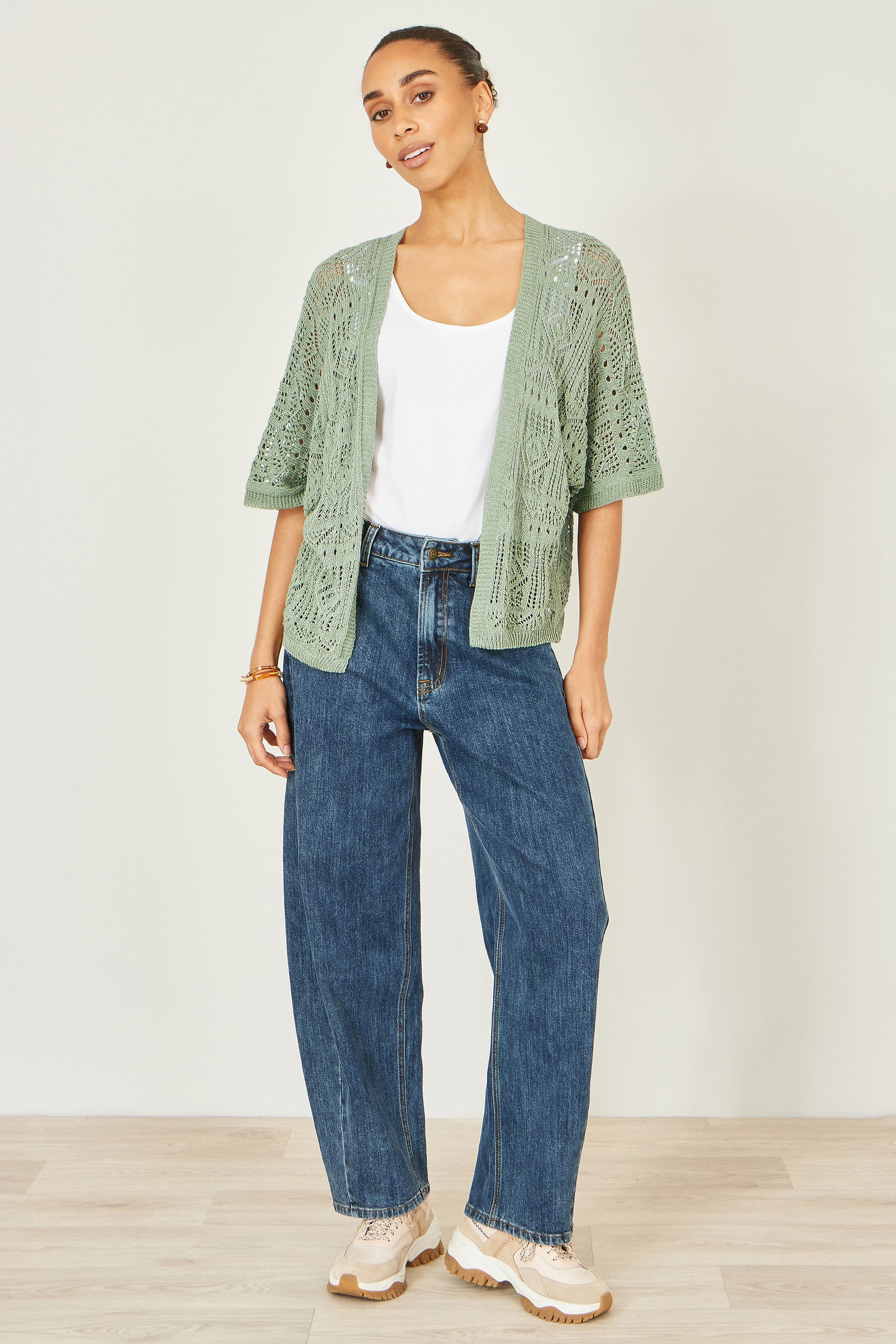 Yumi Green Crochet Edge To Edge 3/4 Sleeve Cardigan Knit Top Yumi