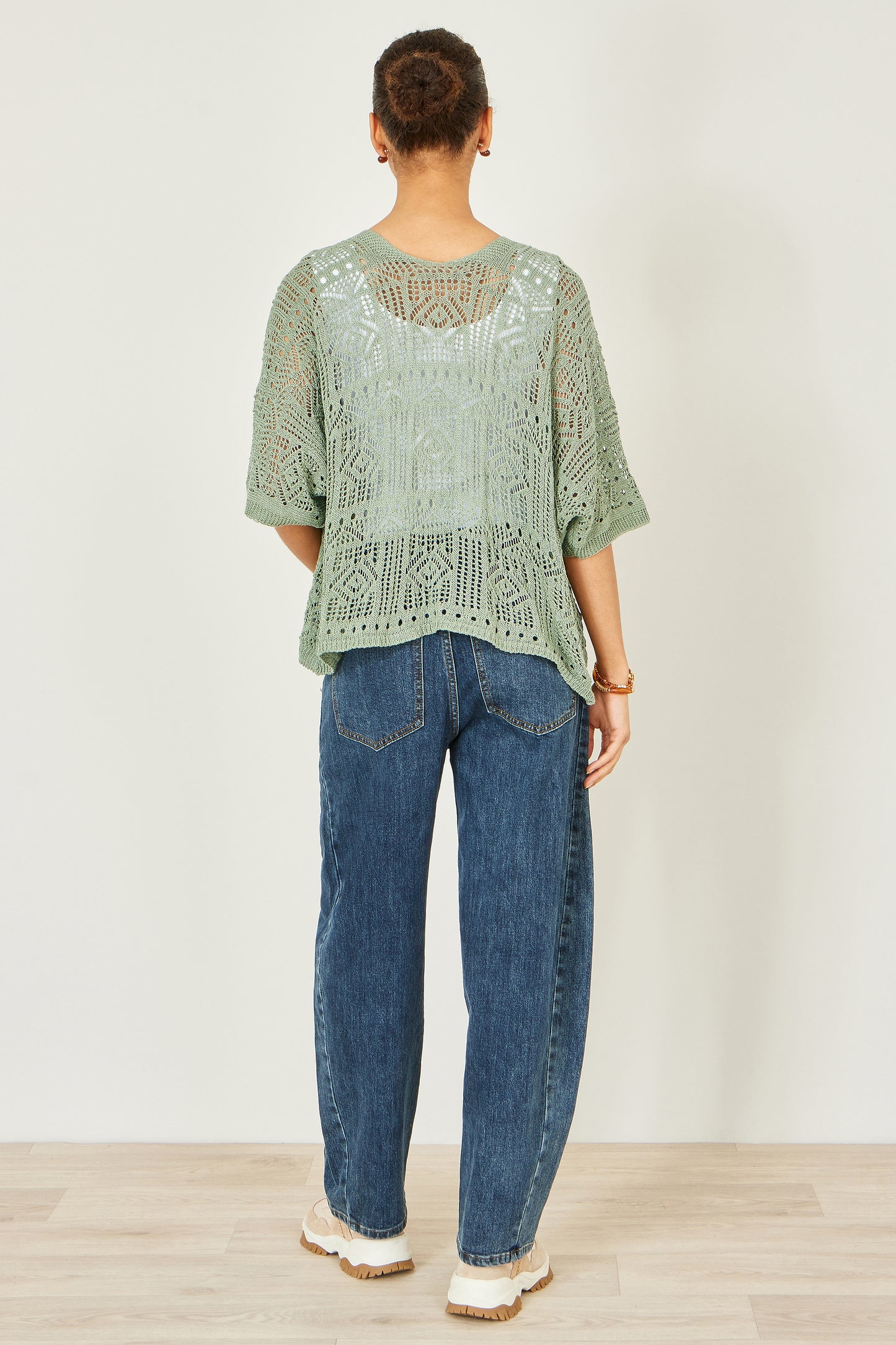 Yumi Green Crochet Edge To Edge 3/4 Sleeve Cardigan Knit Top Yumi