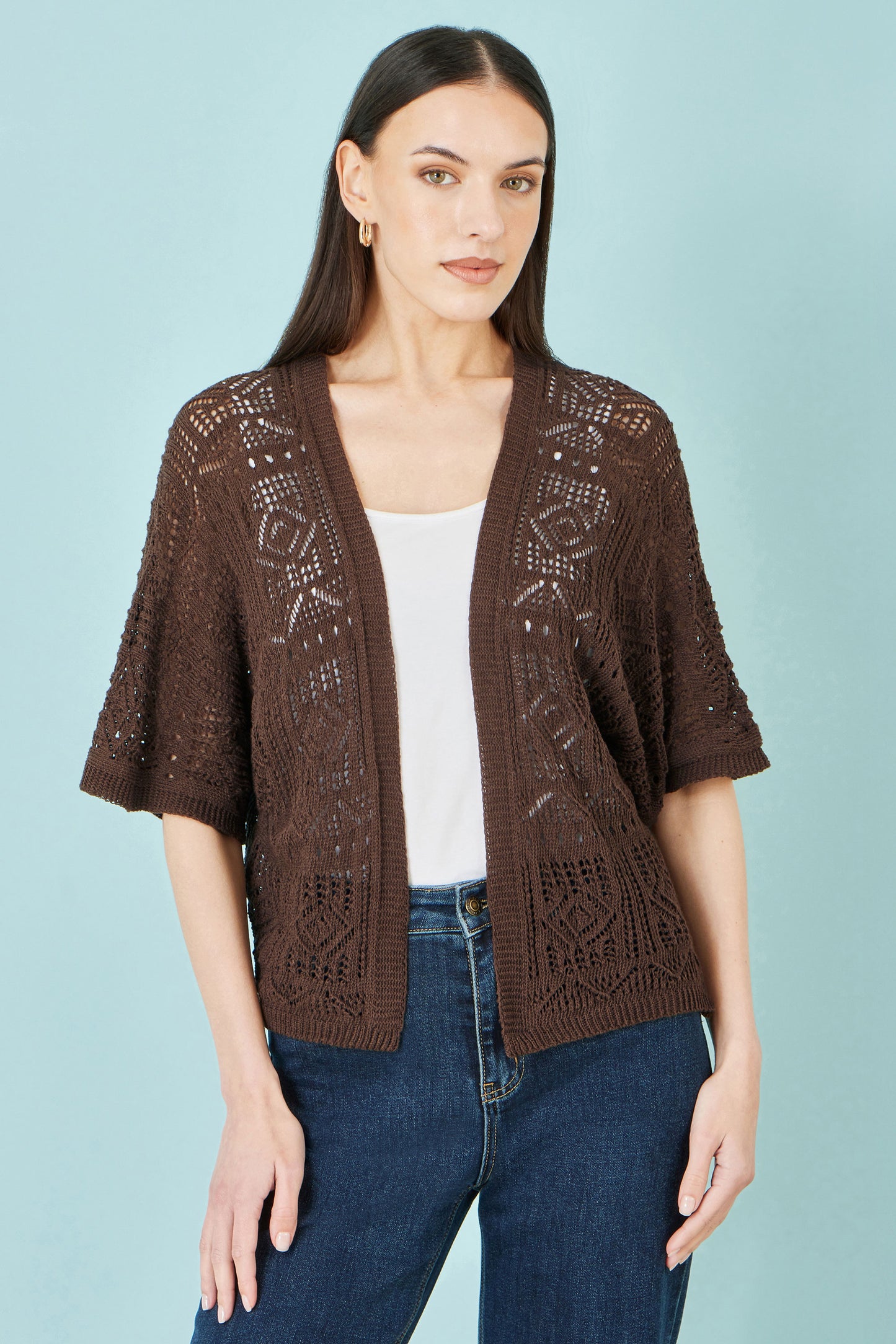 Yumi Brown Crochet Edge To Edge 3/4 Sleeve Cardigan Knit Top Yumi
