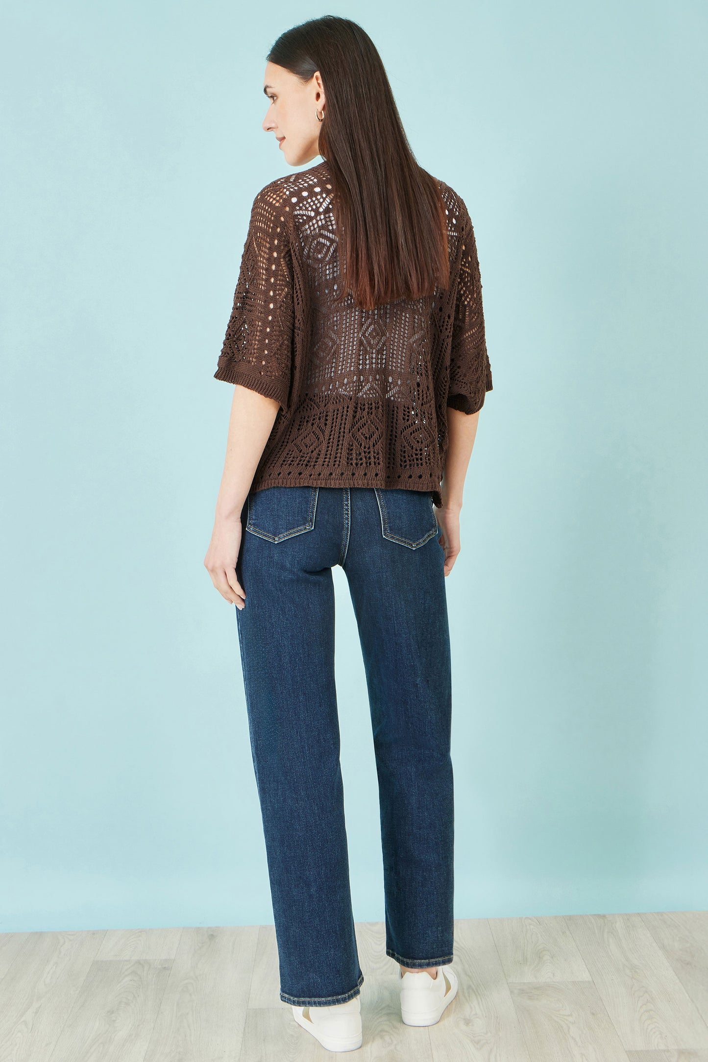 Yumi Brown Crochet Edge To Edge 3/4 Sleeve Cardigan Knit Top Yumi