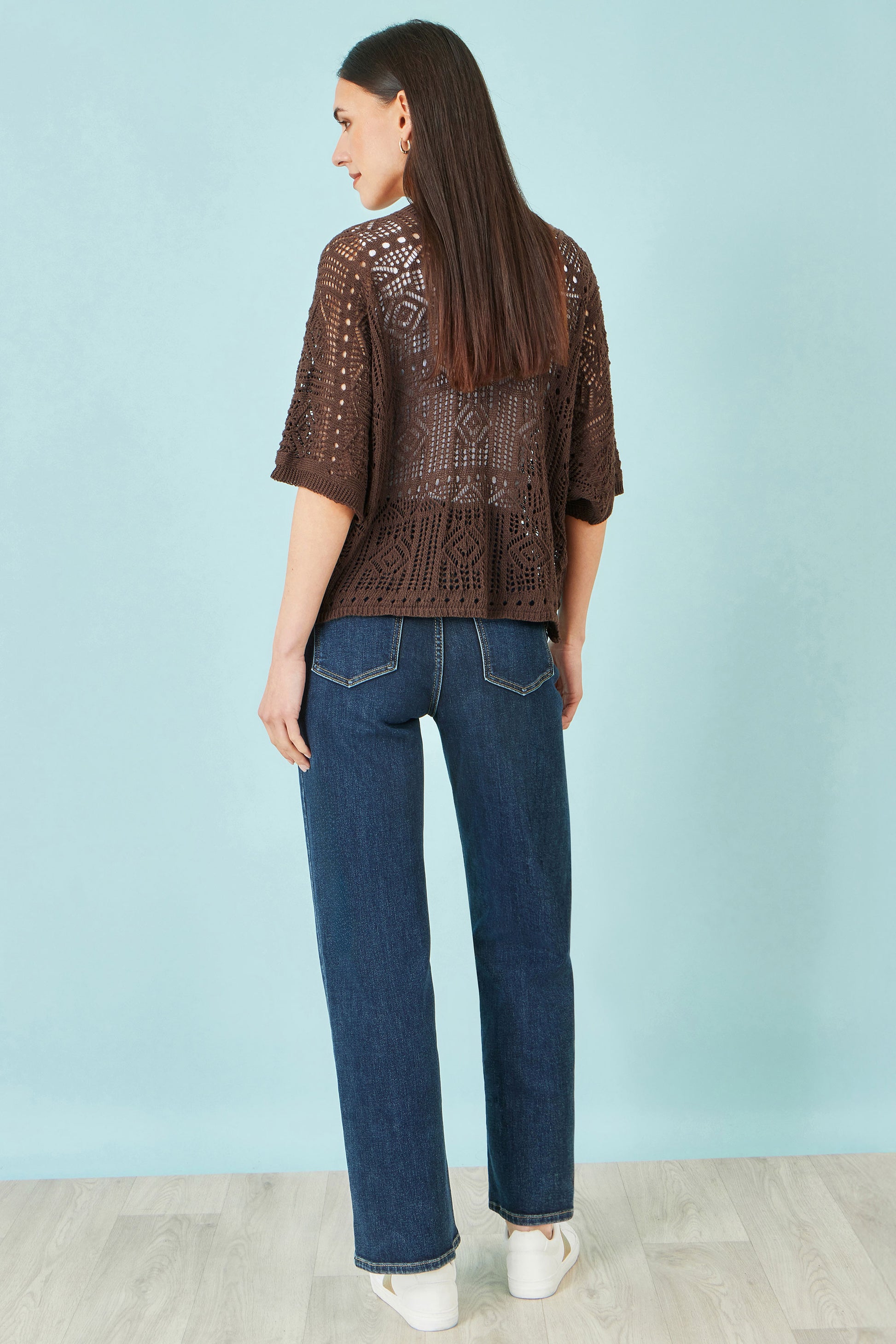 Yumi Brown Crochet Edge To Edge 3/4 Sleeve Cardigan Knit Top Yumi