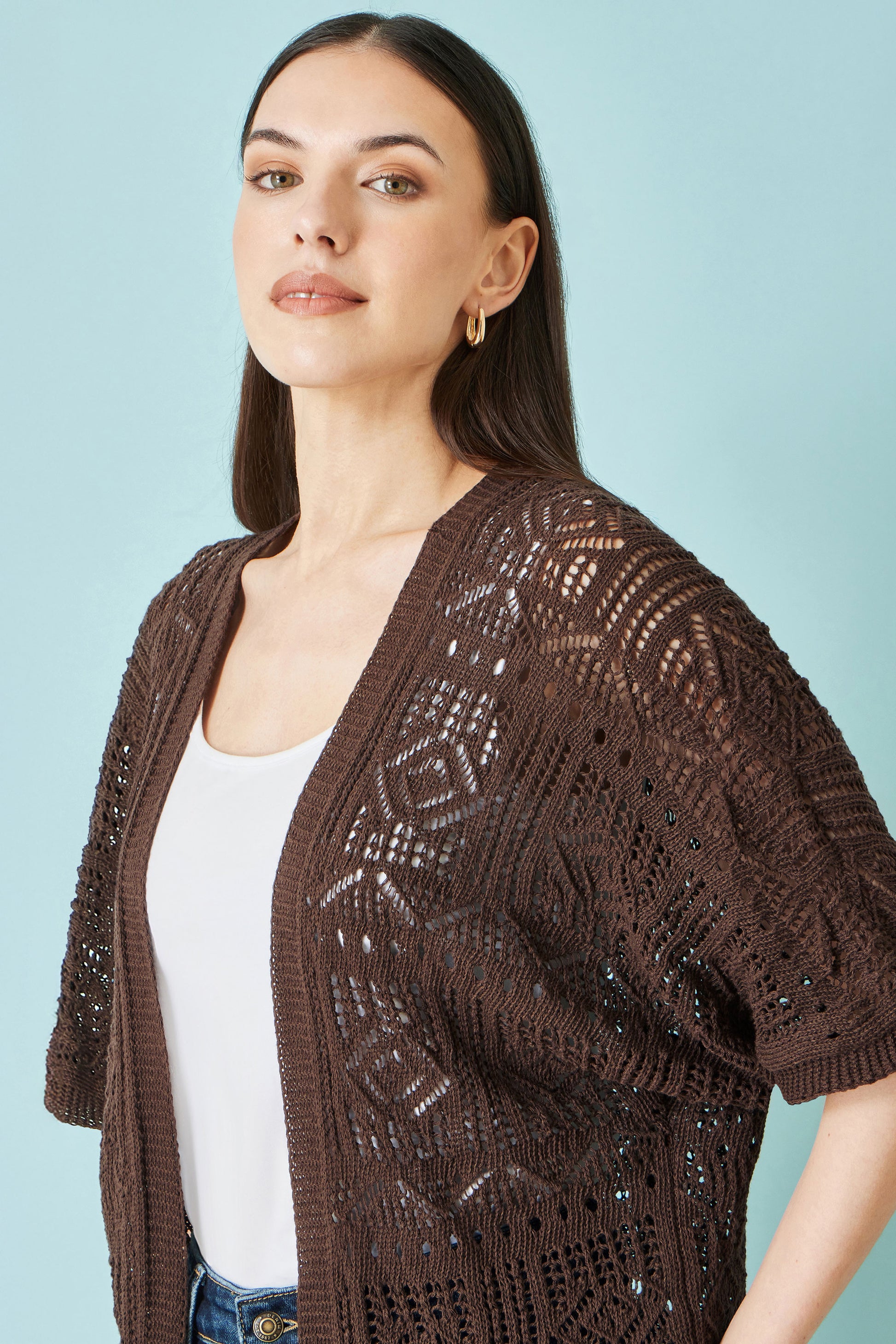 Yumi Brown Crochet Edge To Edge 3/4 Sleeve Cardigan Knit Top Yumi