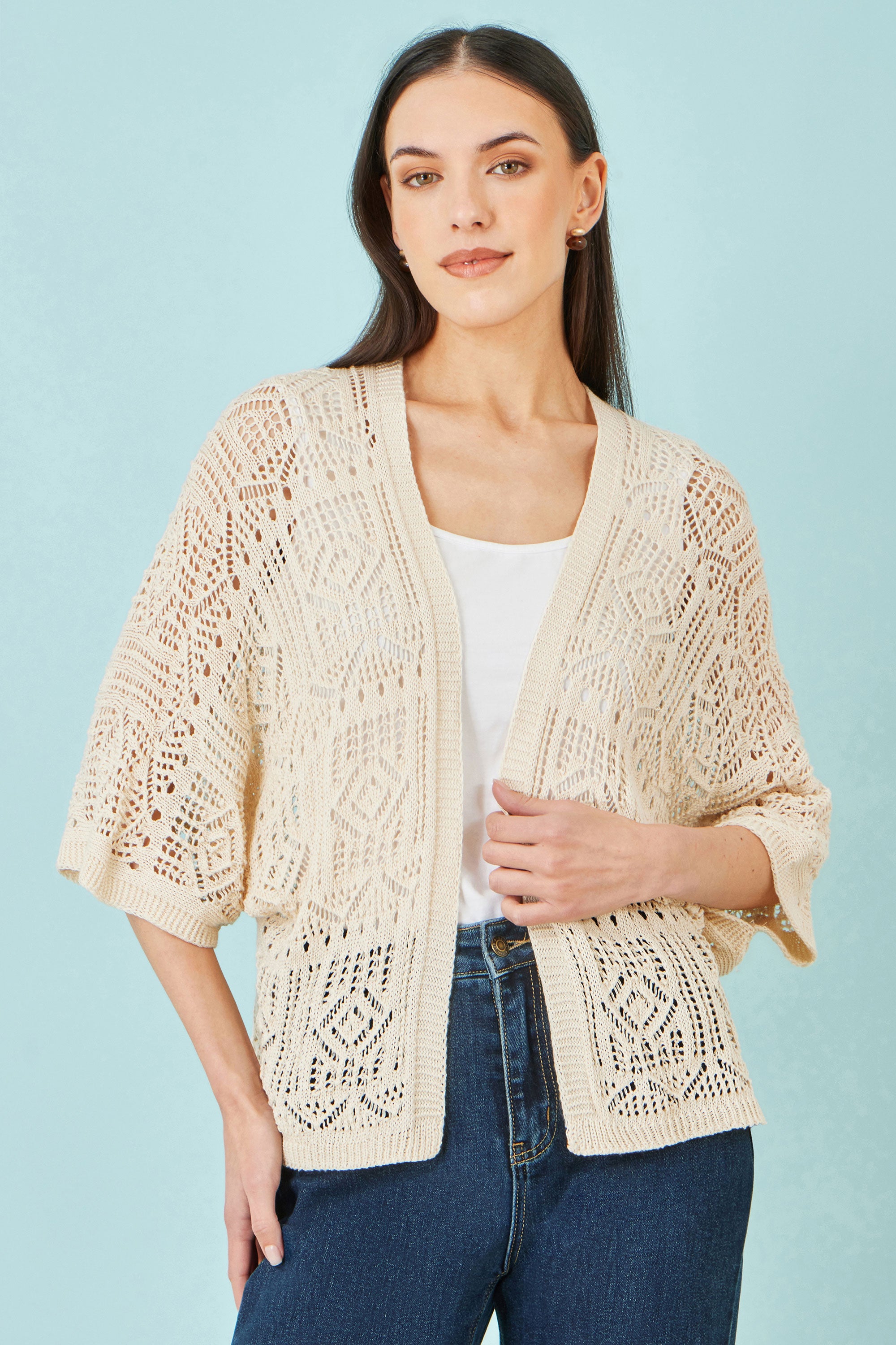 Yumi Ivory Crochet Edge To Edge 3/4 Sleeve Cardigan | Yumi
