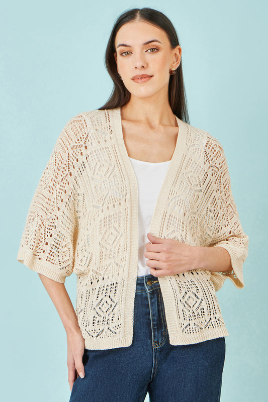 Yumi Ivory Crochet Edge To Edge 3/4 Sleeve Cardigan Knit Top Yumi
