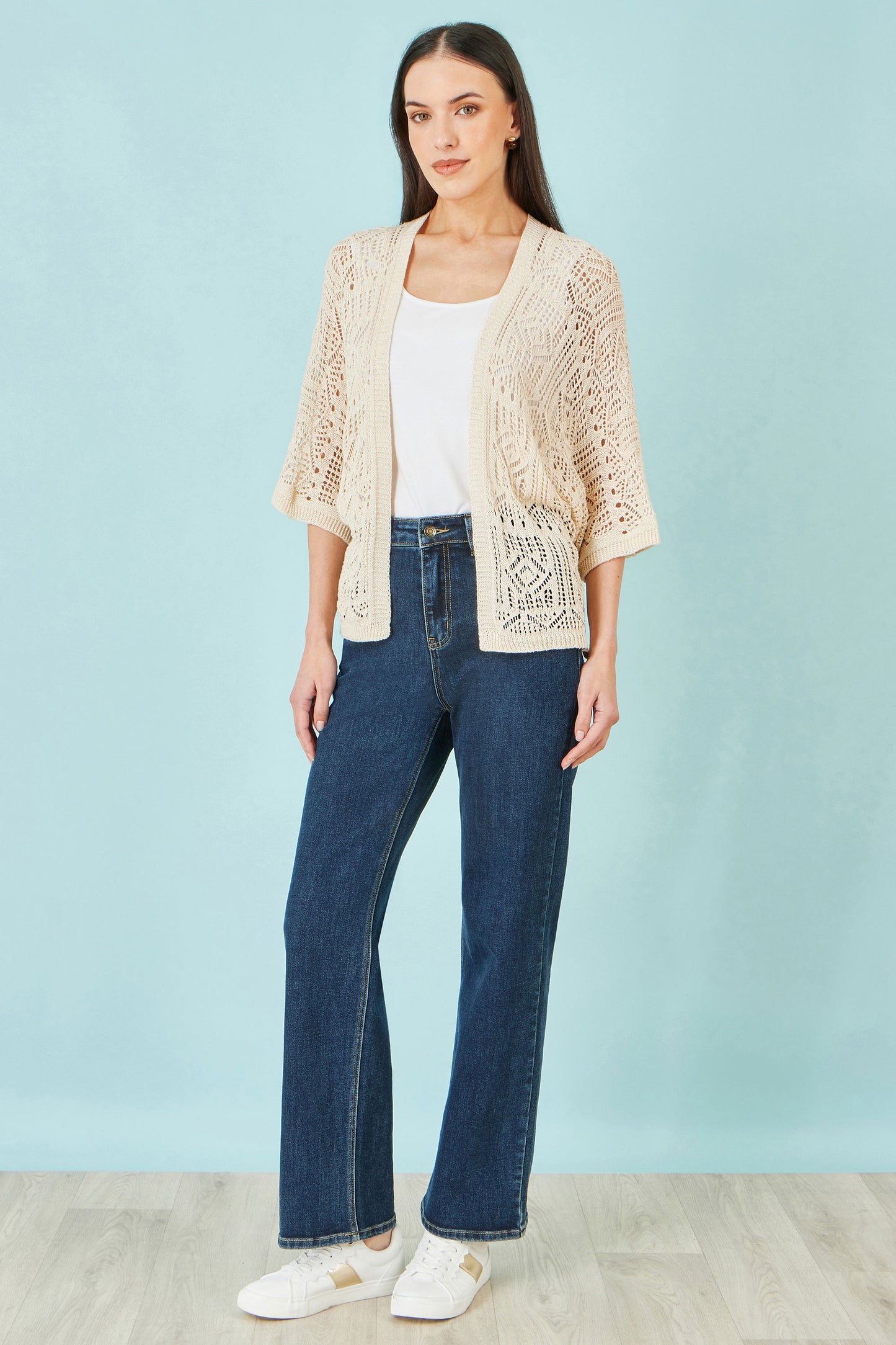 Yumi Ivory Crochet Edge To Edge 3/4 Sleeve Cardigan Knit Top Yumi