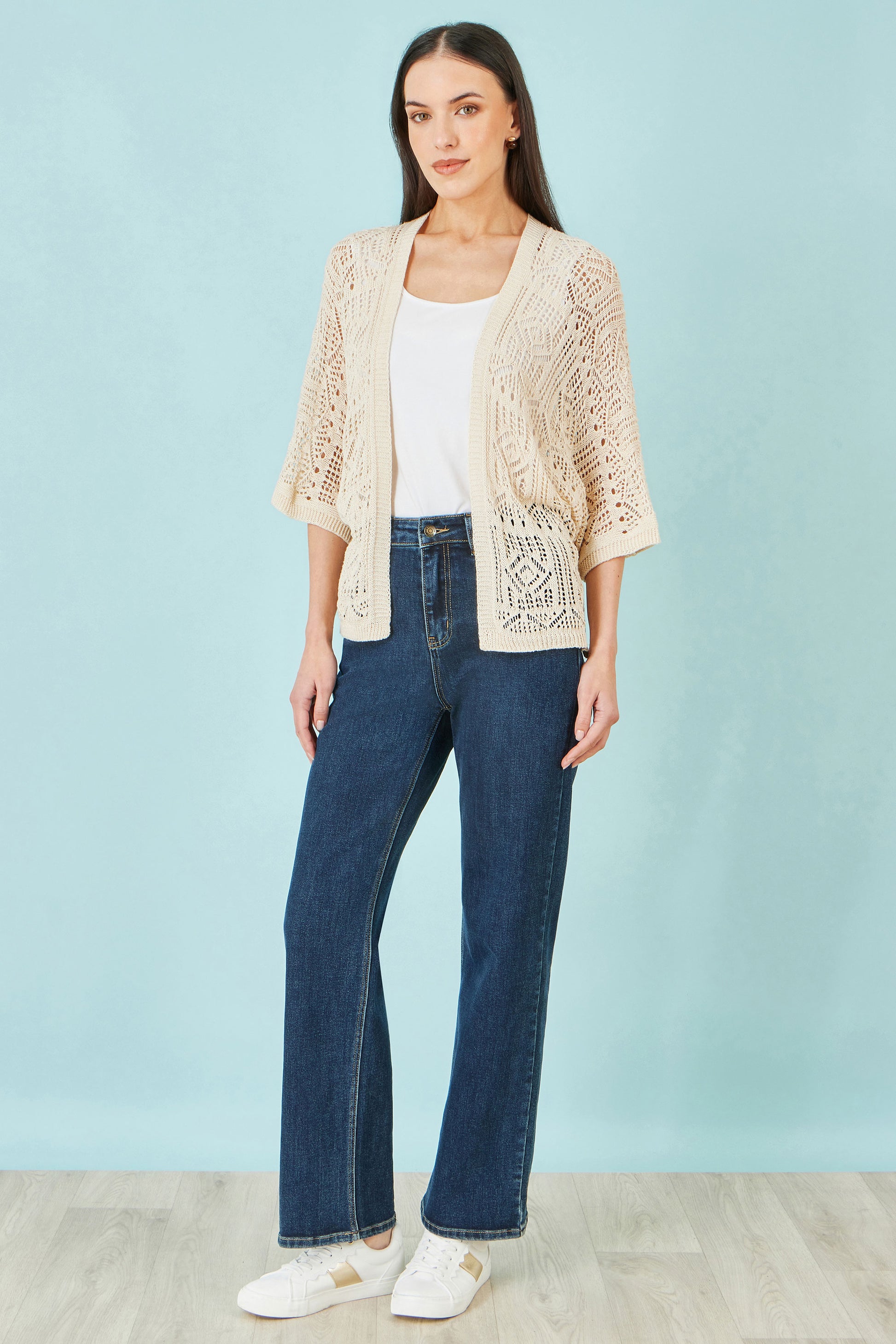 Yumi Ivory Crochet Edge To Edge 3/4 Sleeve Cardigan Knit Top Yumi