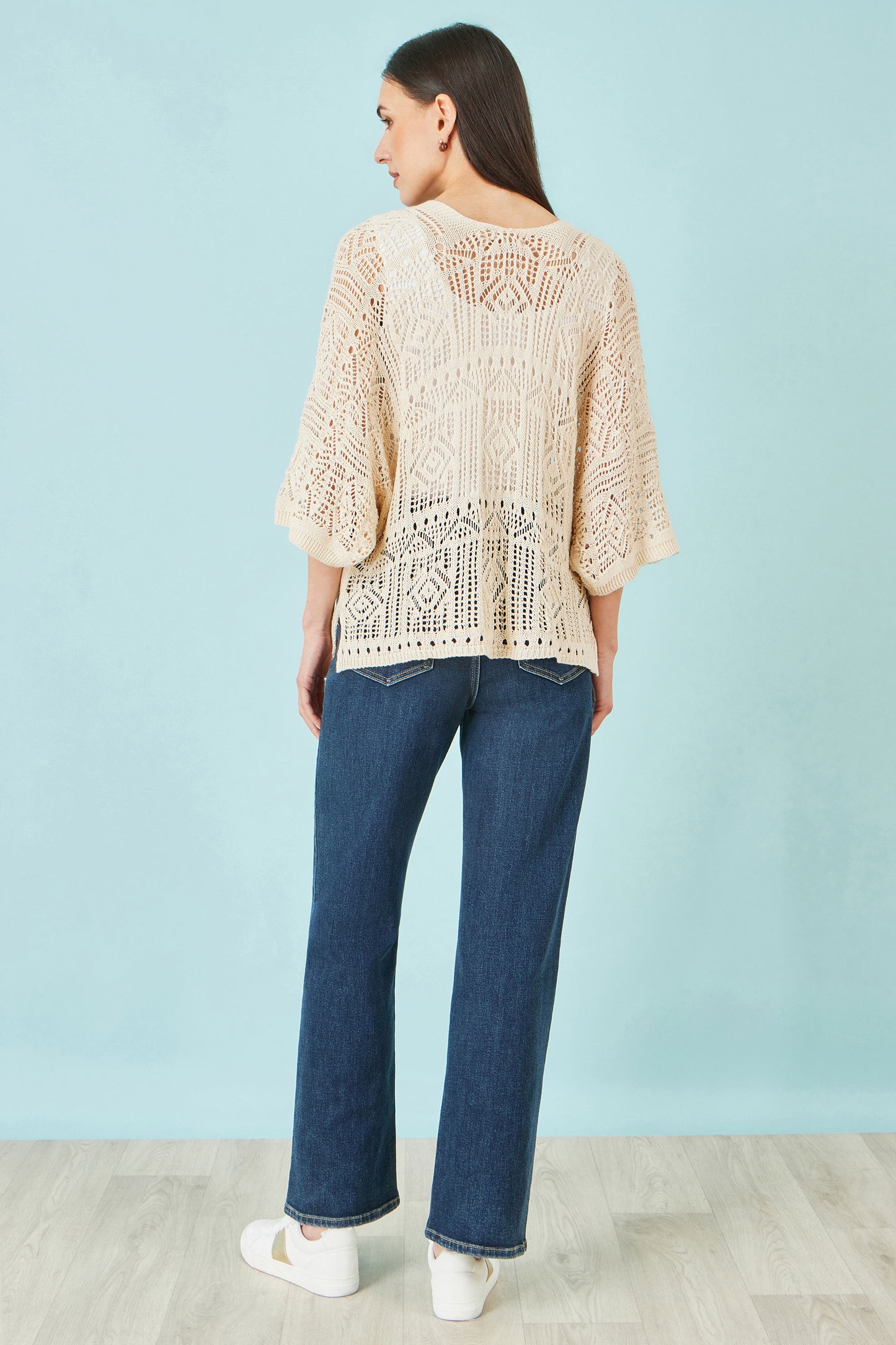 Yumi Ivory Crochet Edge To Edge 3/4 Sleeve Cardigan Knit Top Yumi