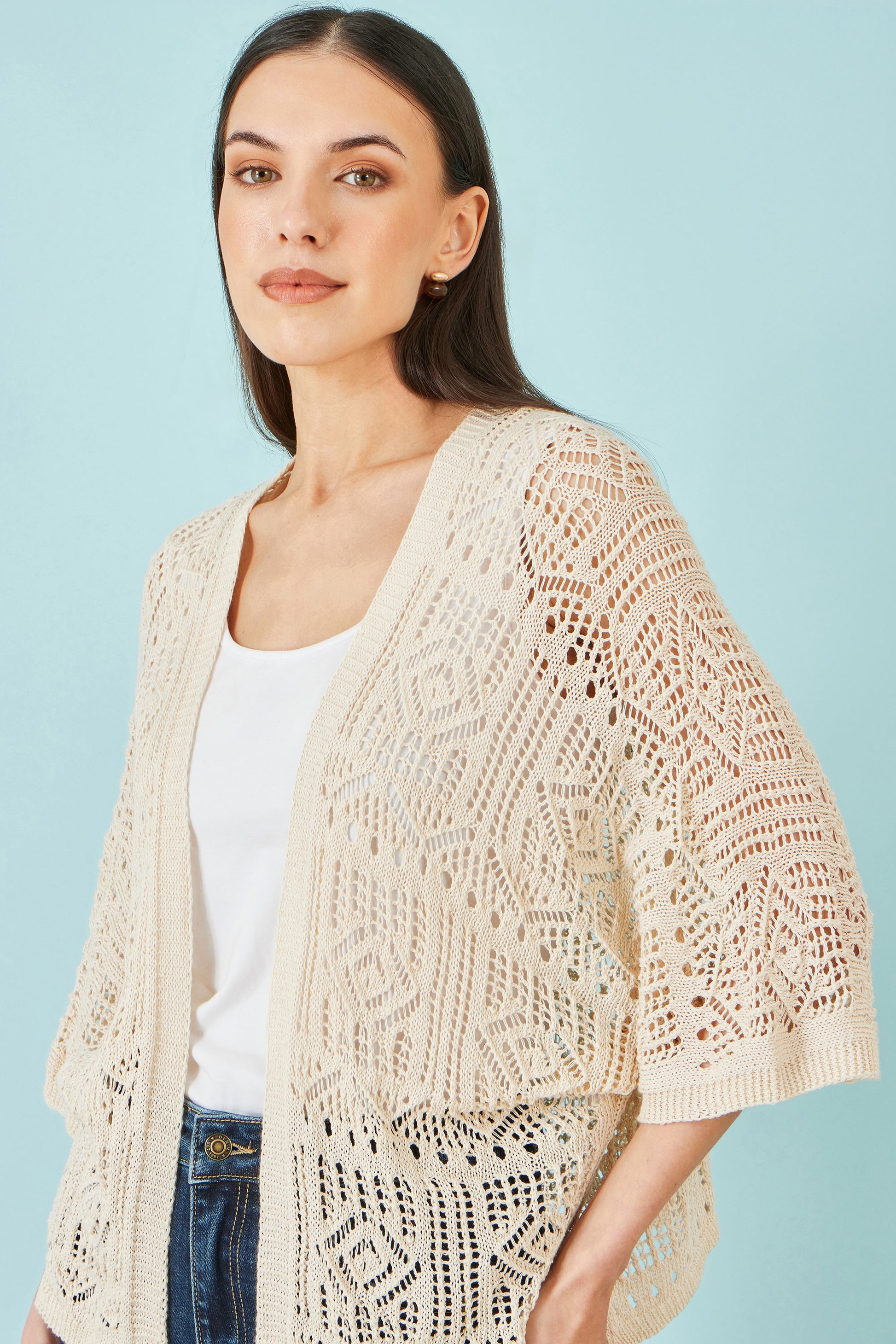 Yumi Ivory Crochet Edge To Edge 3/4 Sleeve Cardigan Knit Top Yumi