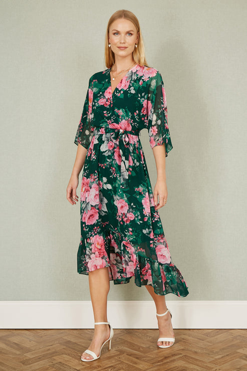 Yumi Green Fitted Midi Dress With Flute Sleeves