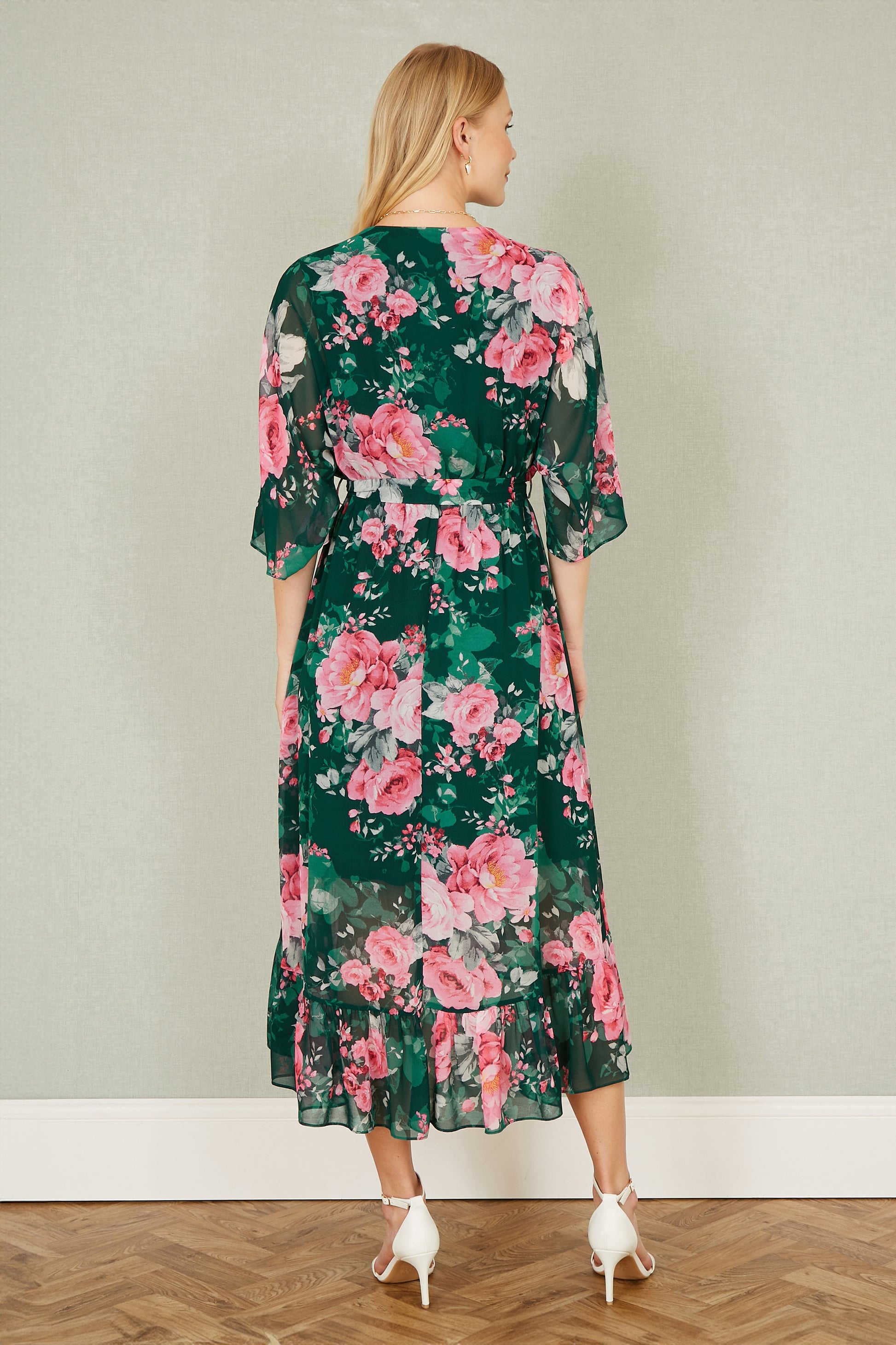 Yumi Dark Green Kimono Sleeves Midi Dip Hem Wrap Midi Dress | Yumi Yumi Dark Green Kimono Sleeves Midi Dip Hem Wrap Midi Dress | Yumi