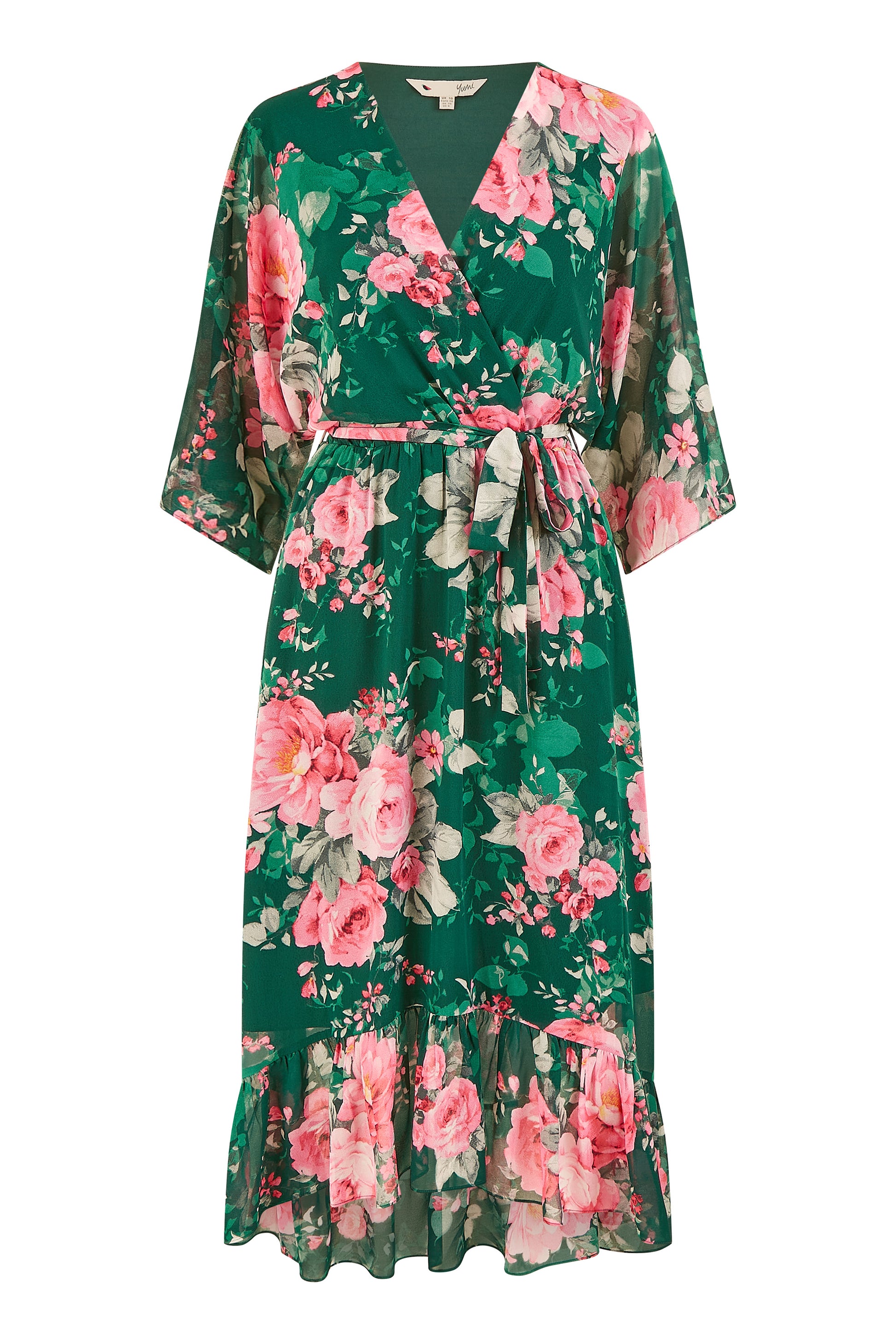 Yumi Dark Green Kimono Sleeves Midi Dip Hem Wrap Midi Dress | Yumi Yumi Dark Green Kimono Sleeves Midi Dip Hem Wrap Midi Dress | Yumi