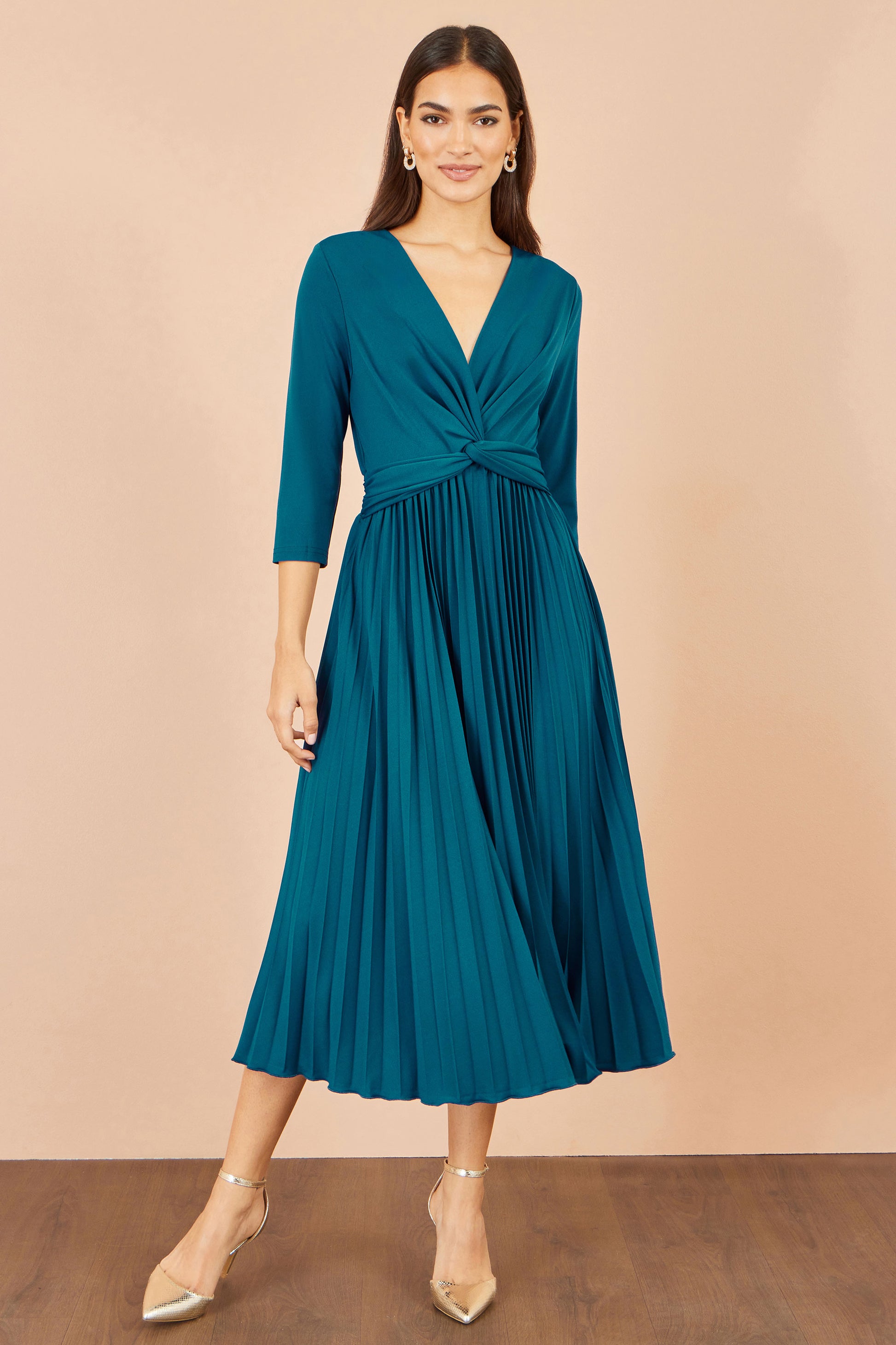 Yumi Teal Stretch Wrap Pleated Midi Dress Dress Occasion Yumi