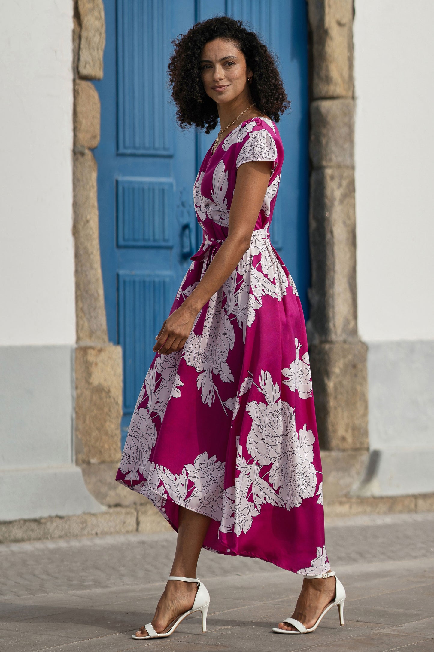 Pink Blossom Print Wrap Dress With Dipped Hem Dress Occasion Yumi