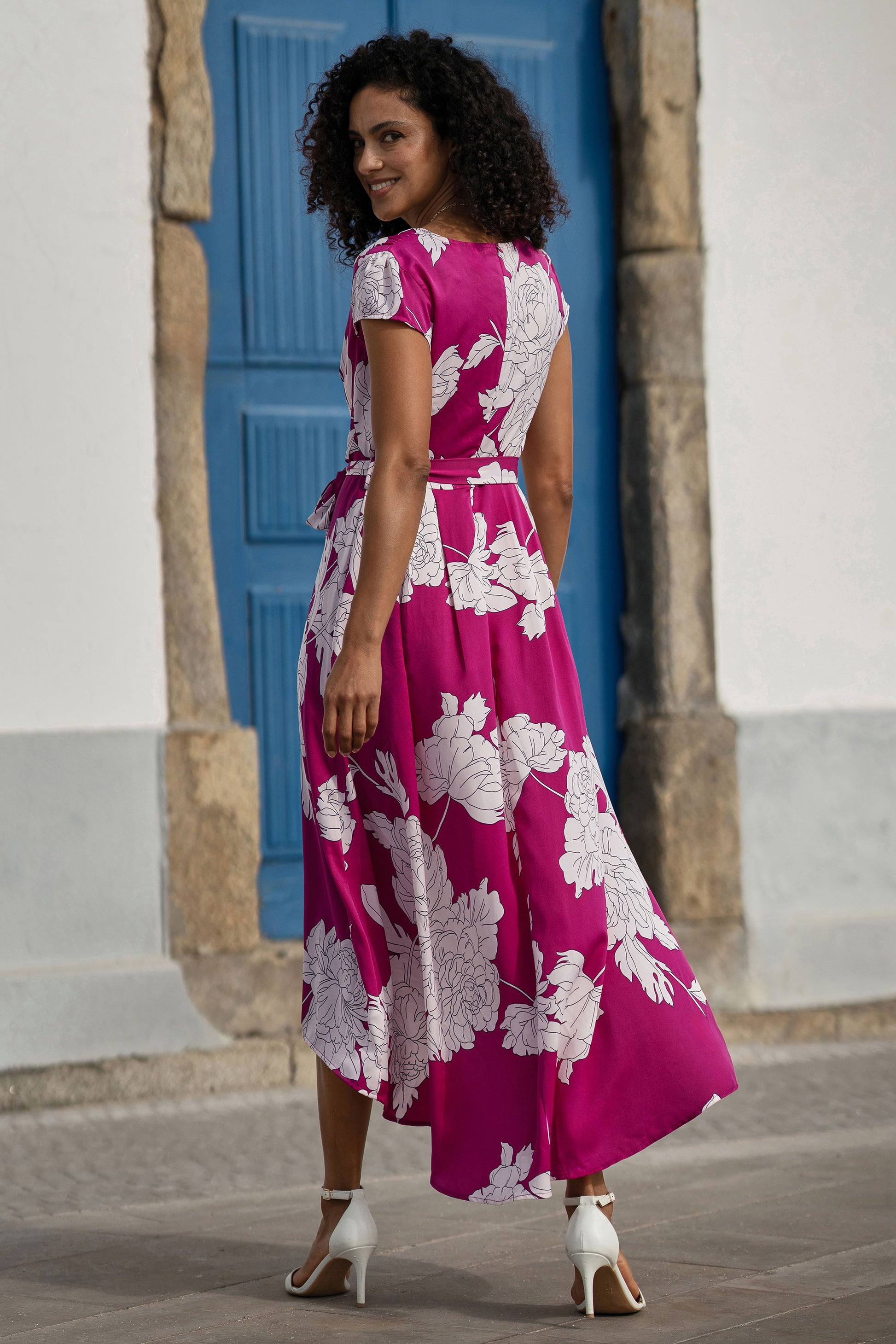 Pink Blossom Print Wrap Dress With Dipped Hem Dress Occasion Yumi